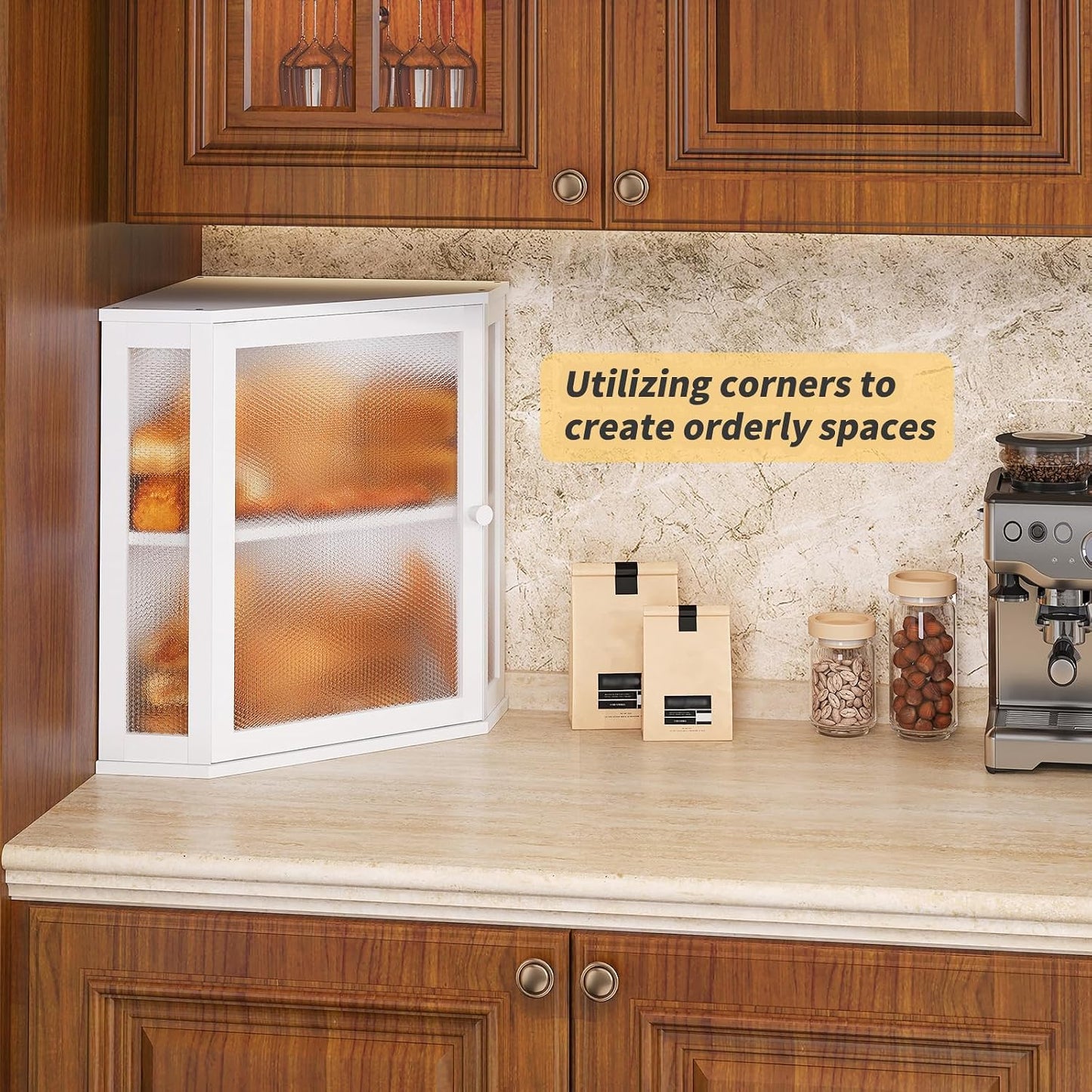 Corner Bread Box for Kitchen Countertop,Bread Storage for Homemade Bread, Double Layer Large Bamboo Kitchen Storage Bin