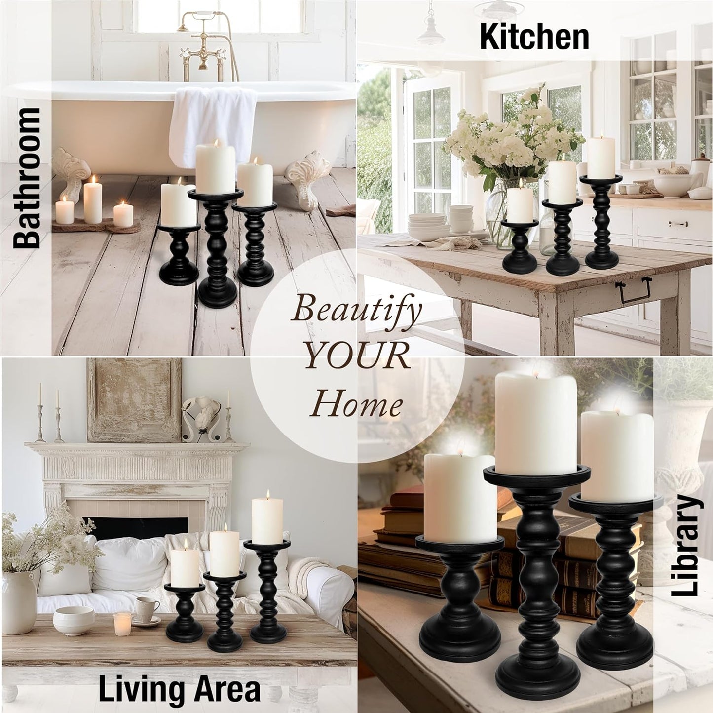 Satin Black Candle Holders for Pillar Candles (Set of 3) Tall Large Rustic Pillar Candlestick Stands - Fits Both 4 inch