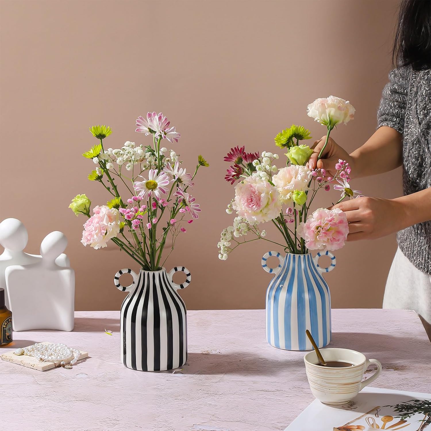 Striped Ceramic Vase / Blue and White