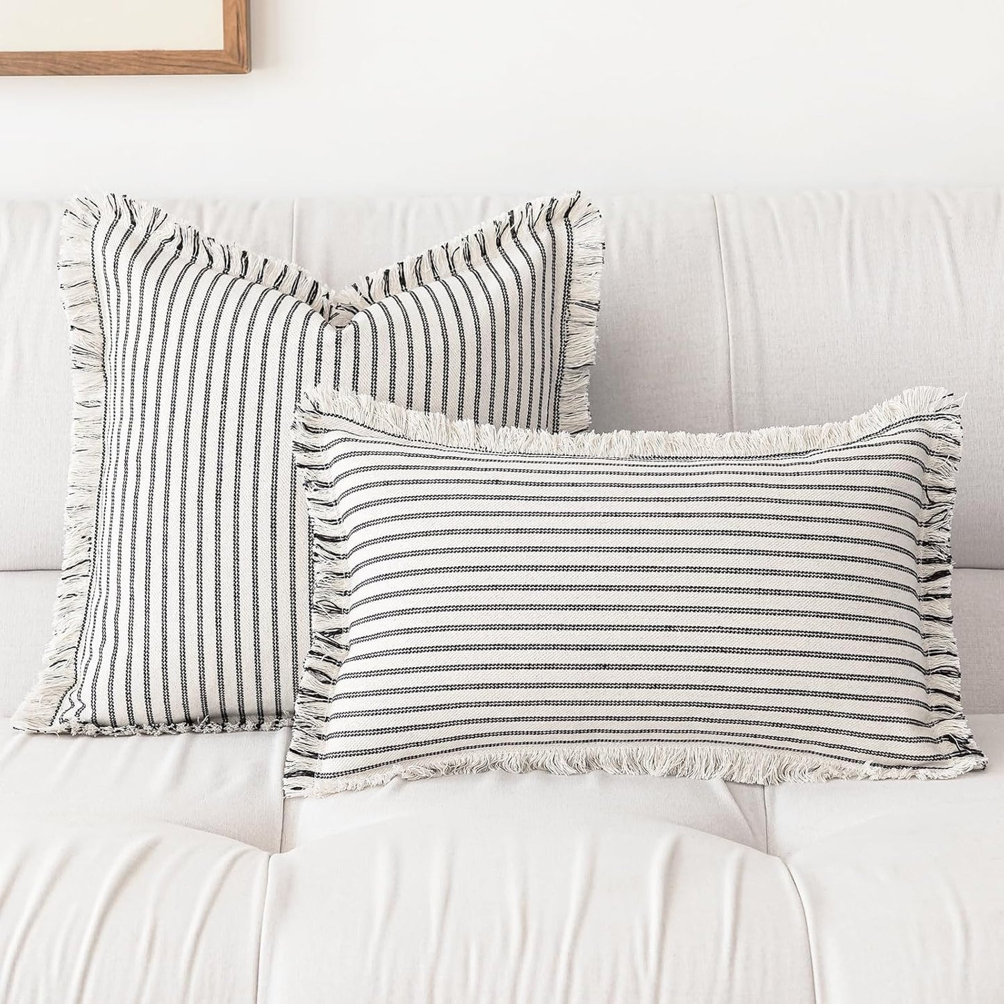 Throw Pillow Covers Striped Fringe Pillow Cover Farmhouse Cushion / Black / 18 x 18 / Set of 2