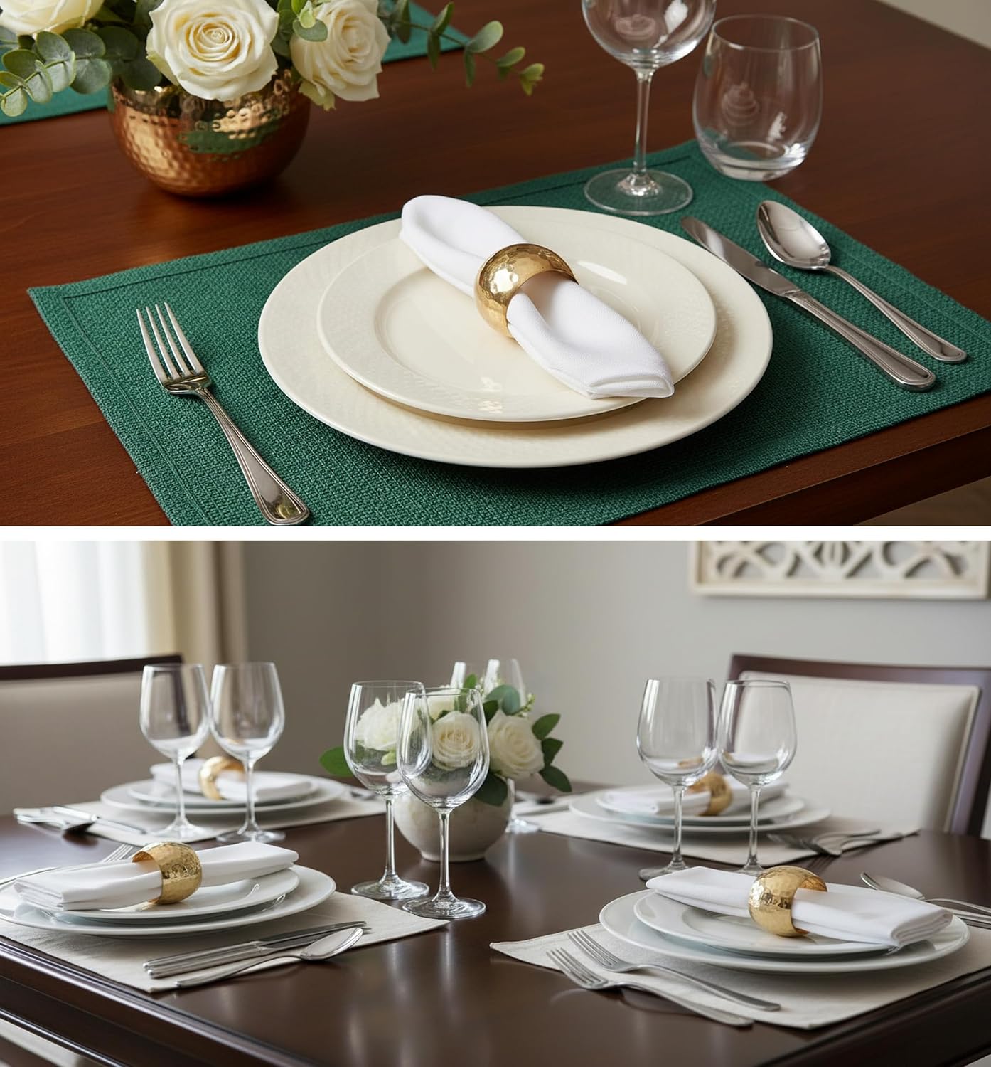 Hand Hammered Table Napkin Rings, Gold Tone, Set of 12 | Hand-hammered large-size napkin holders; Decorative table