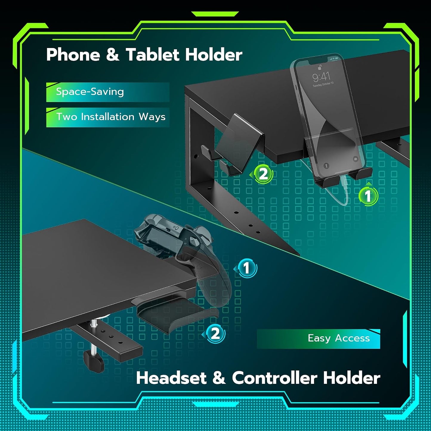 ARES WING Clamp-On 15" 3-in-1 Heavy Duty Desk Shelf Extender Black | Phone Headset holder Clamp Desk Extender
