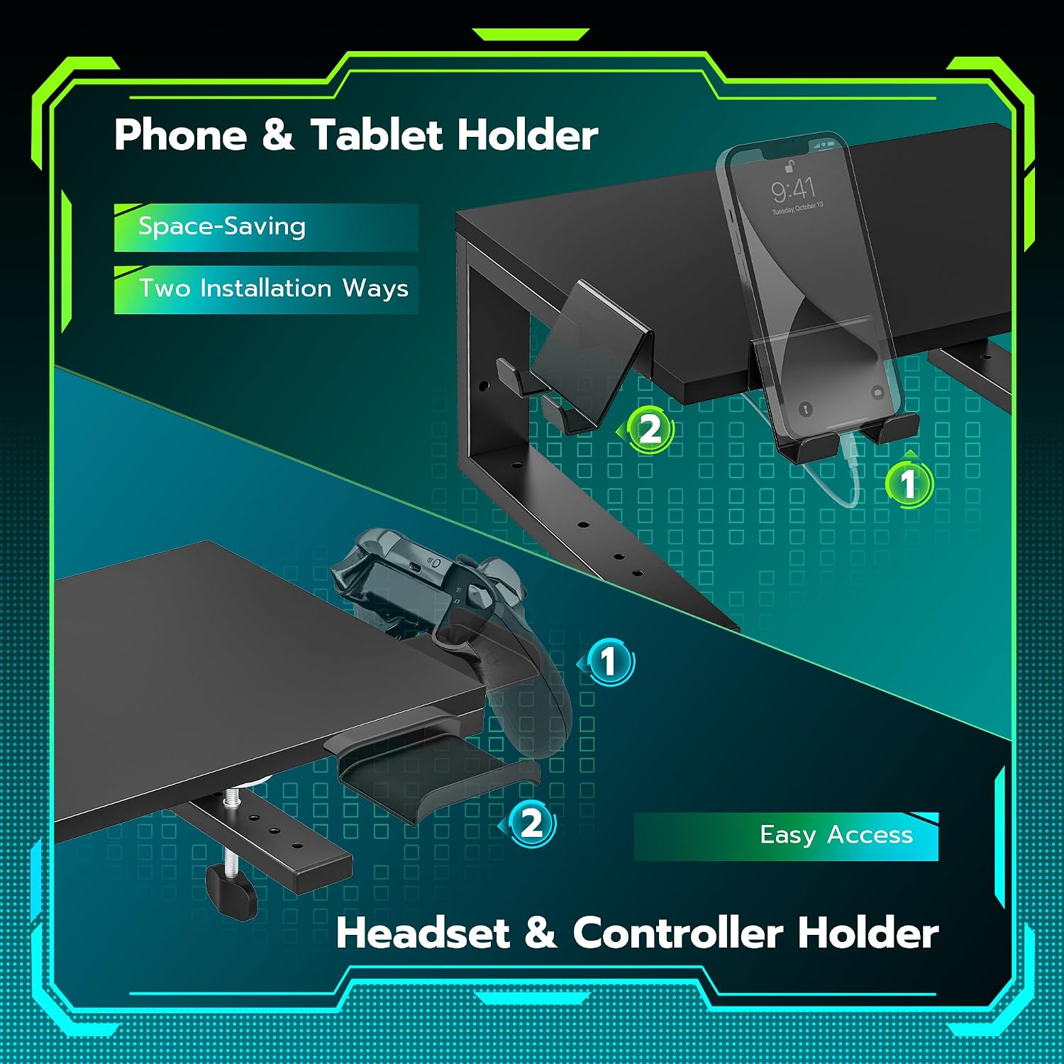 ARES WING Clamp-On 15" 3-in-1 Heavy Duty Desk Shelf Extender Black | Phone Headset holder Clamp Desk Extender