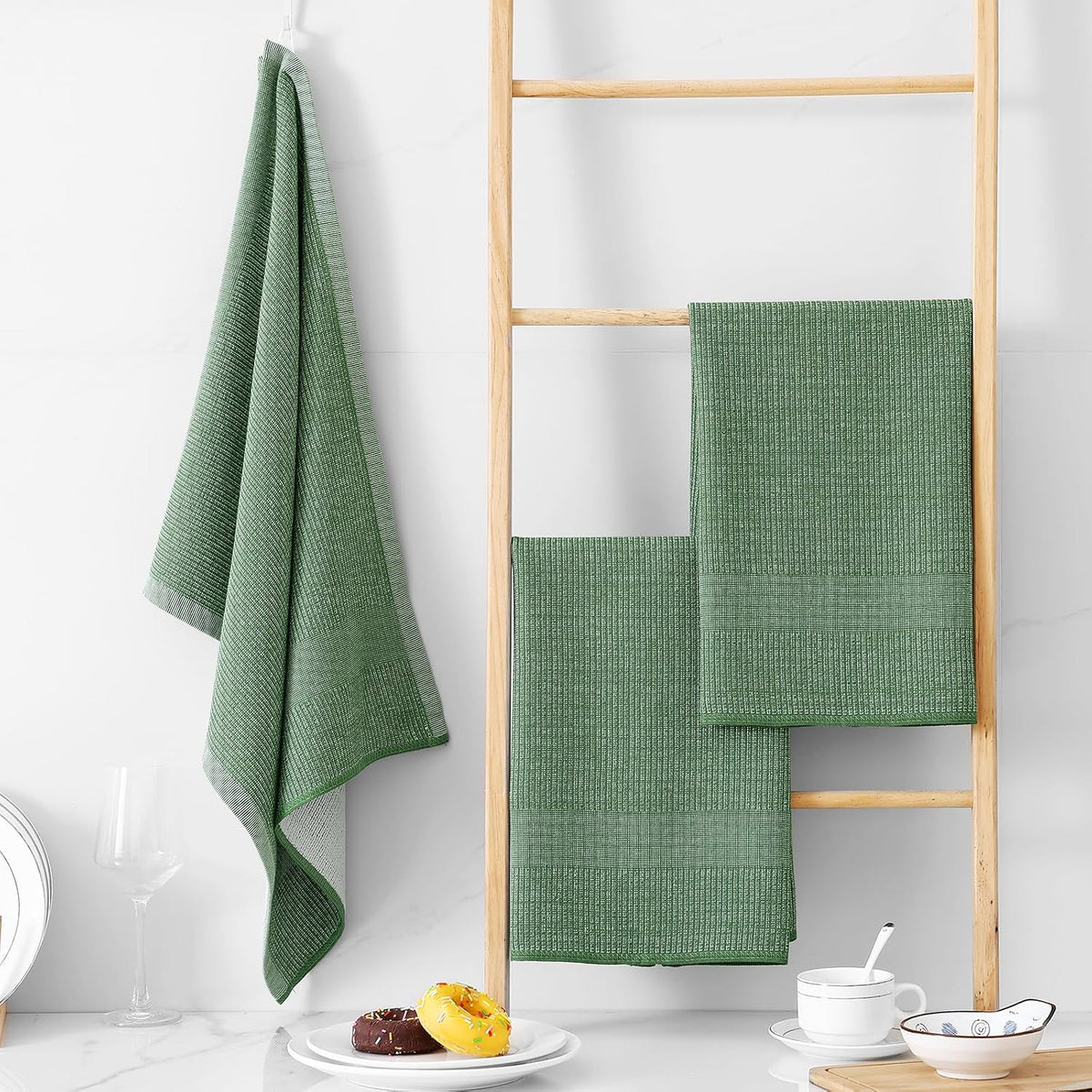 Homaxy 380 GSM Cotton Premium Kitchen Towels 12 Pack, 18"x 28", Grass Green | Flat and Terry Dish Towels, Highly