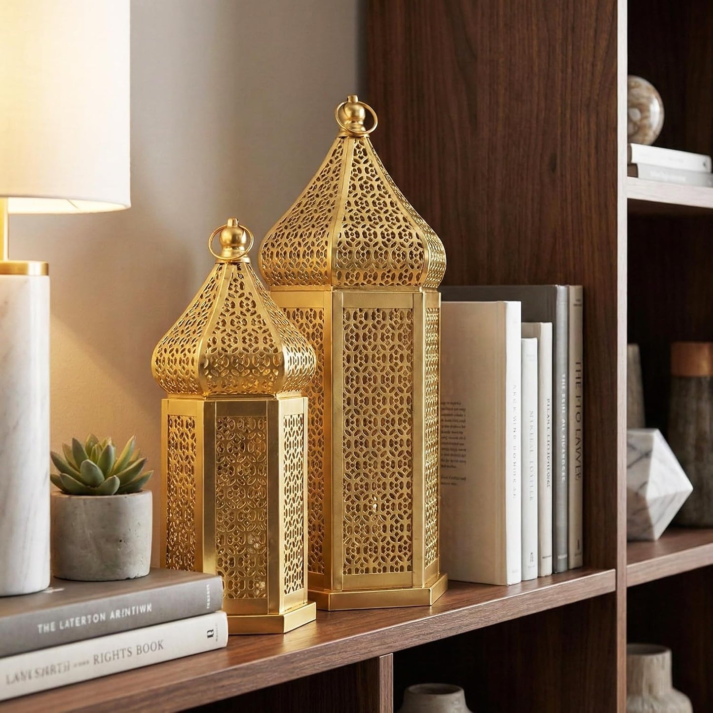 Vela Lanterns Decorative Indoor Gold Moroccan Temple Lanterns, Set of 2 | Ramadan Decorations for Home, Eid Islamic