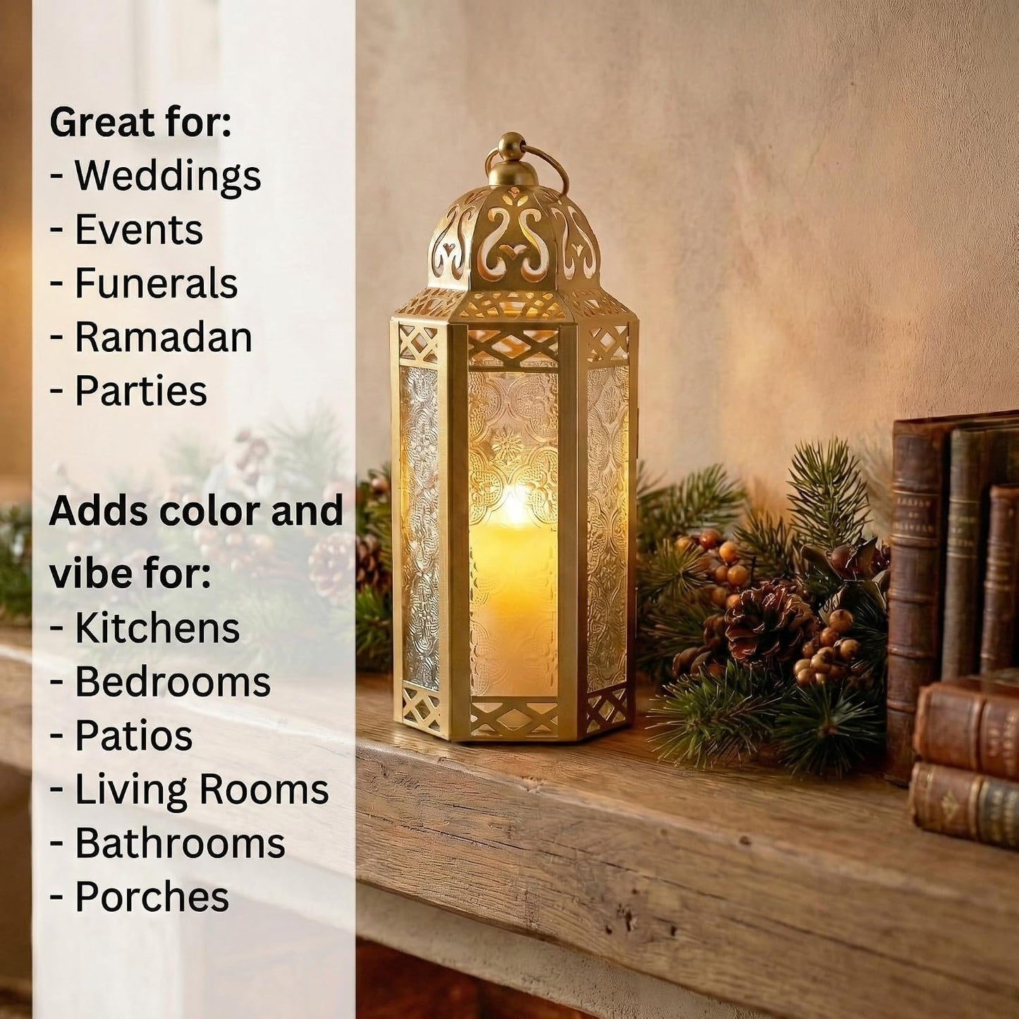Vela Lanterns Decorative Indoor Moroccan Candle Holders, Gold, M, 2-Pack | Ramadan Decorations for Home, Eid Candle