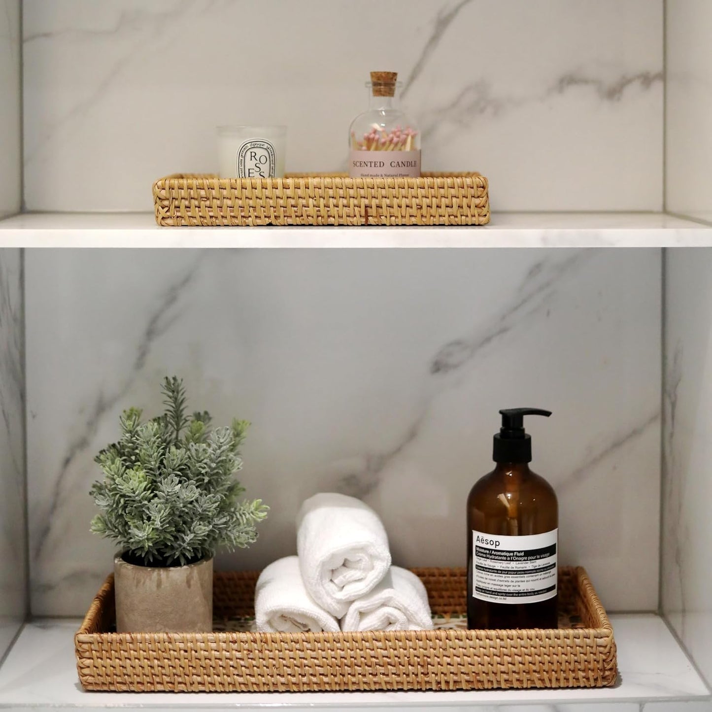 Rattan Bathroom Vanity Tray / Green Leaves / Set of 2