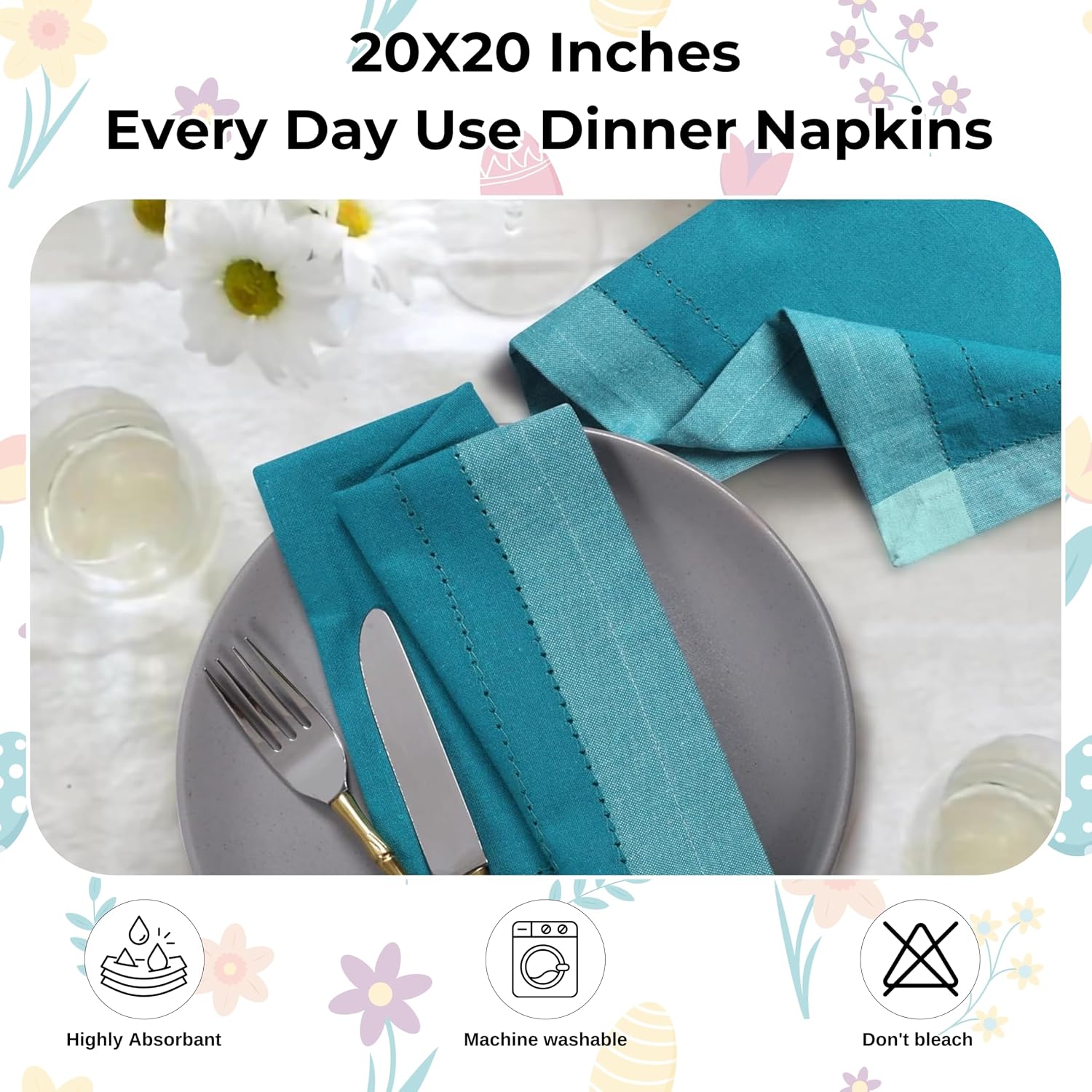 Bedding Craft Cotton Cloth Dinner Napkins Set of 12 – 20x20 Teal Multi Double Hemstitched – Machine Washable Reusable