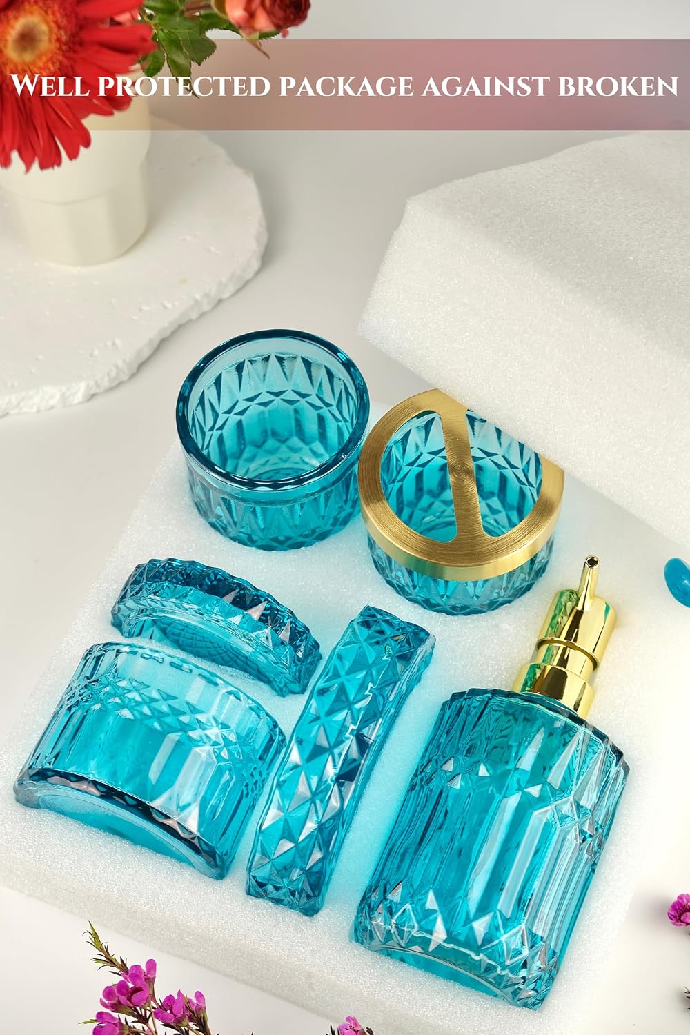 LaMarriti Teal Blue Bathroom Accessories Set, 5Pcs Glass Bathroom Set | Bathroom Soap Dispenser and Toothbrush Holder