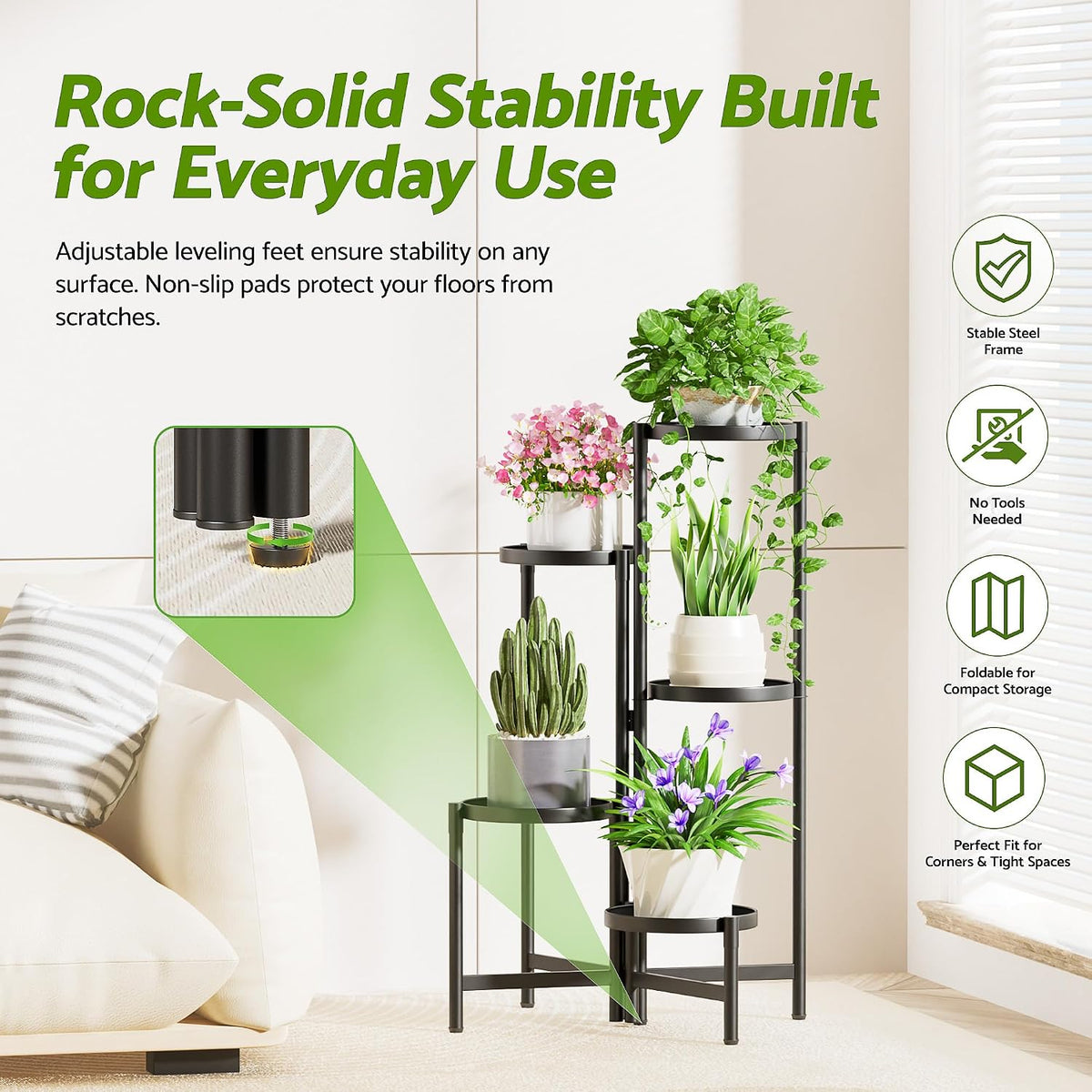 5 Tiered Tall Plant Stand Indoor Outdoor, Metral Plant Shelf for Corner Display Rack, Multi-Tier Folding Planter Pot
