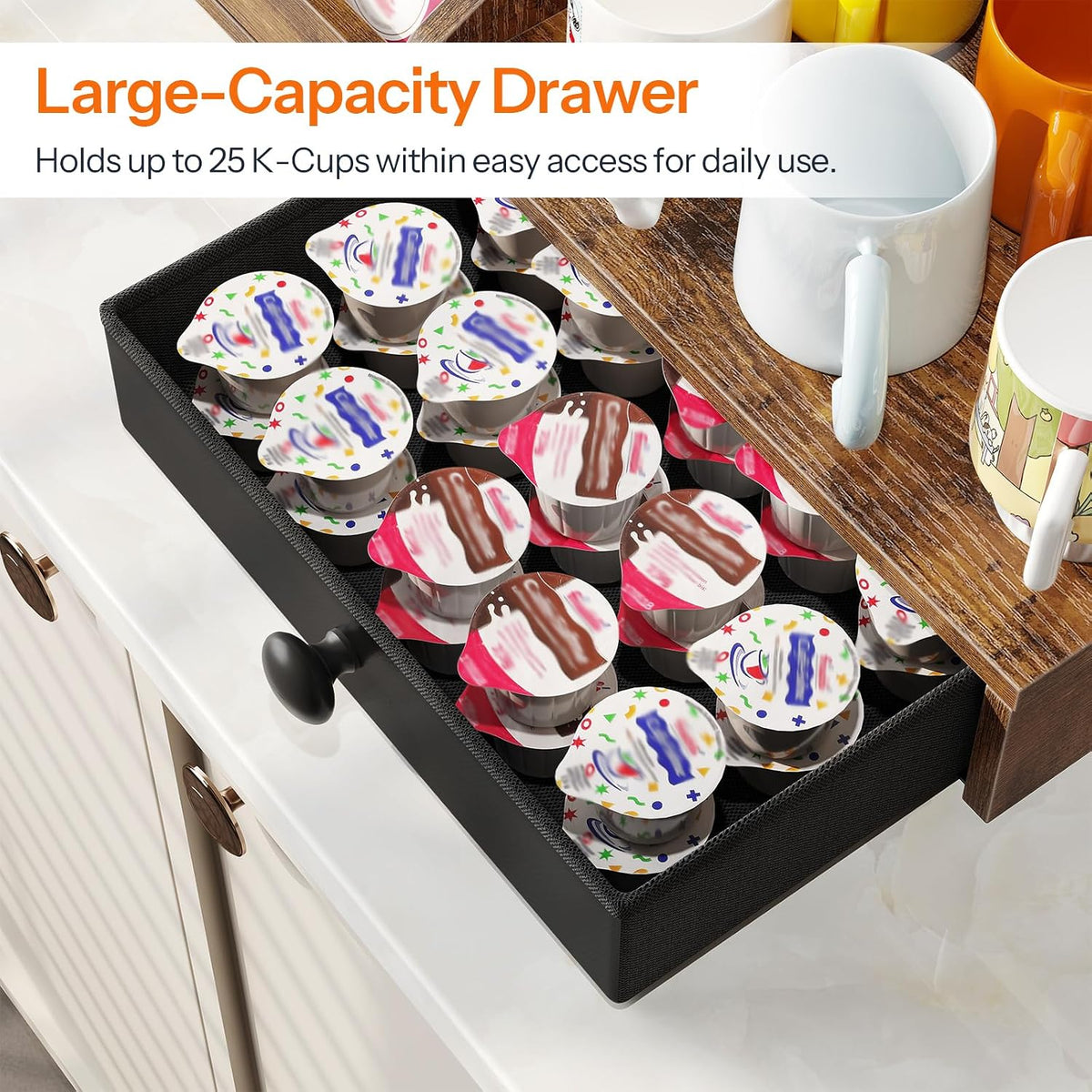 HOOBRO Coffee Mug Tree, Coffee Mug Cup Holder with Drawer, 25 Pod Capacity, Mug Display Stand with 2 Hooks, 3 Tier Mug