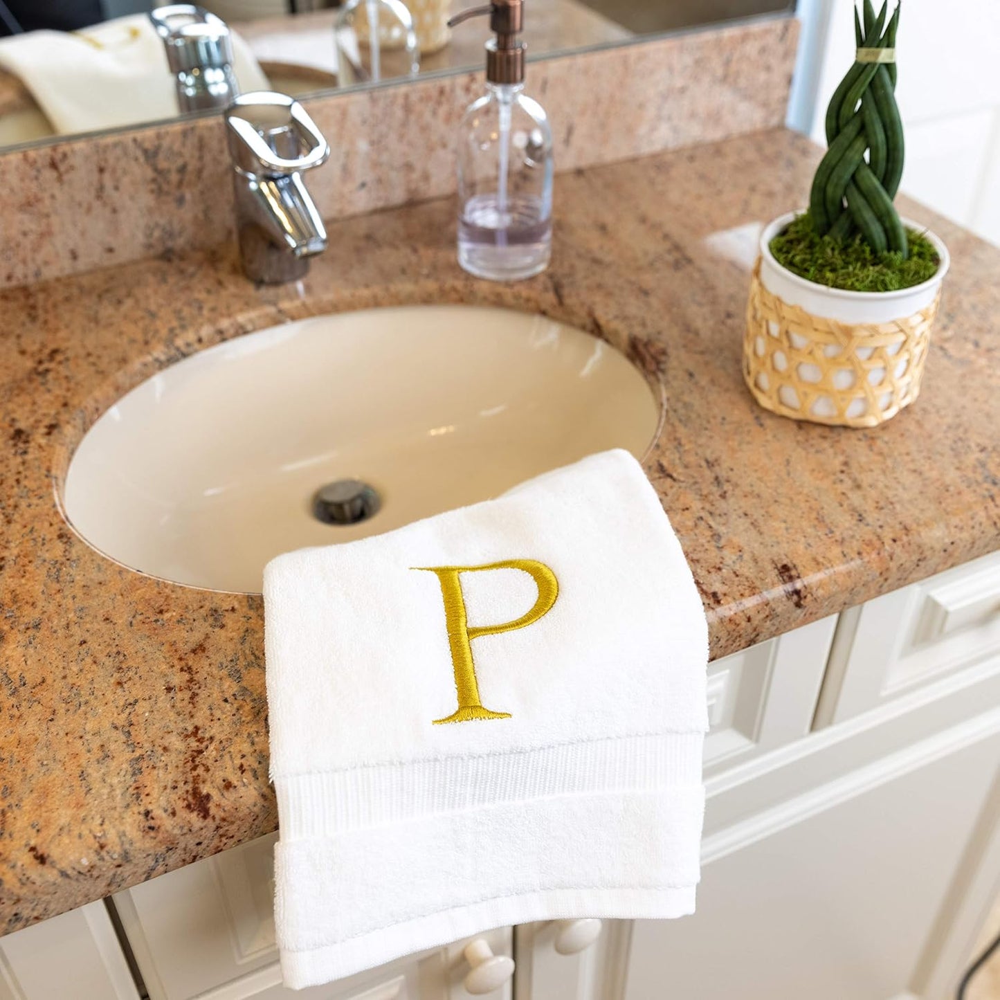 White with Gold Monogrammed Hand Towels for Bathroom - Set of 2 Letter P | Luxury Hotel Quality Initial Towels For