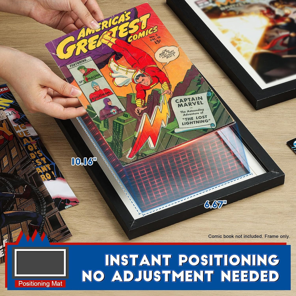 Comic Book Frame, Premium Wood Display Case for 6 11/16" × 10 3/16" Comic, Wall Mount or Tabletop Stand, Layered Design