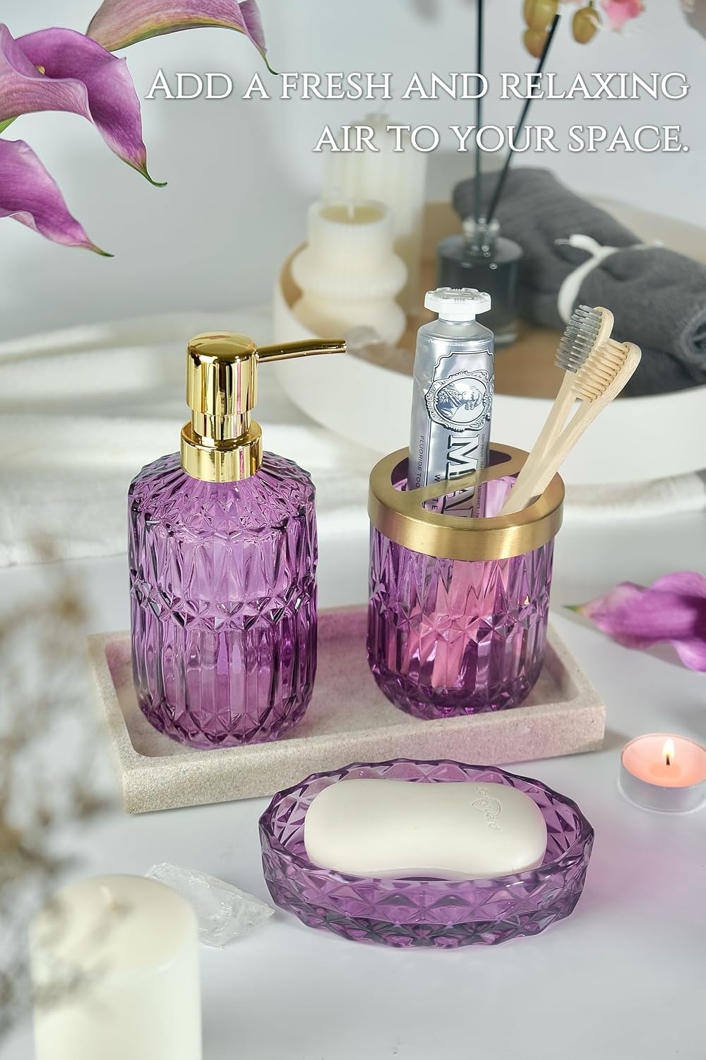 LaMrriti Purple Bathroom Accessories Set 5 Pcs, Glass Bathroom Set | Soap Dispenser and Toothbrush Holder Set, Q-tip