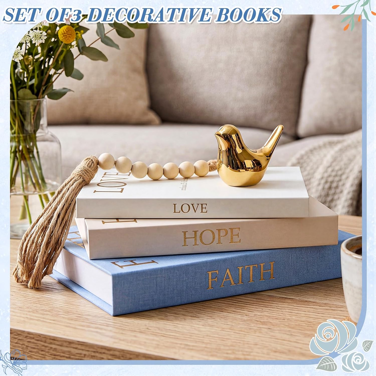 Linen Decorative Books Set Includes Bird and Wooden Beaded Tassel / Soft Colors / Gold / Set of 3