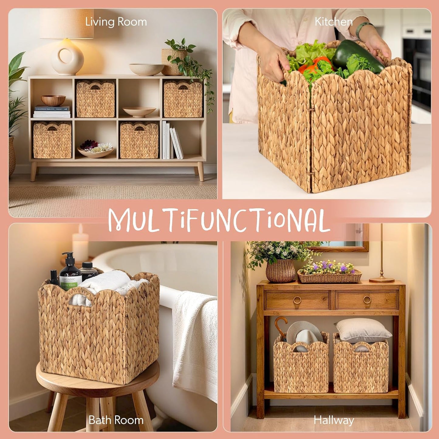 Foldable Scalloped Water Hyacinth Storage Cubes Basket / Natural Color / 12 x 12 x 12 / Set of 4