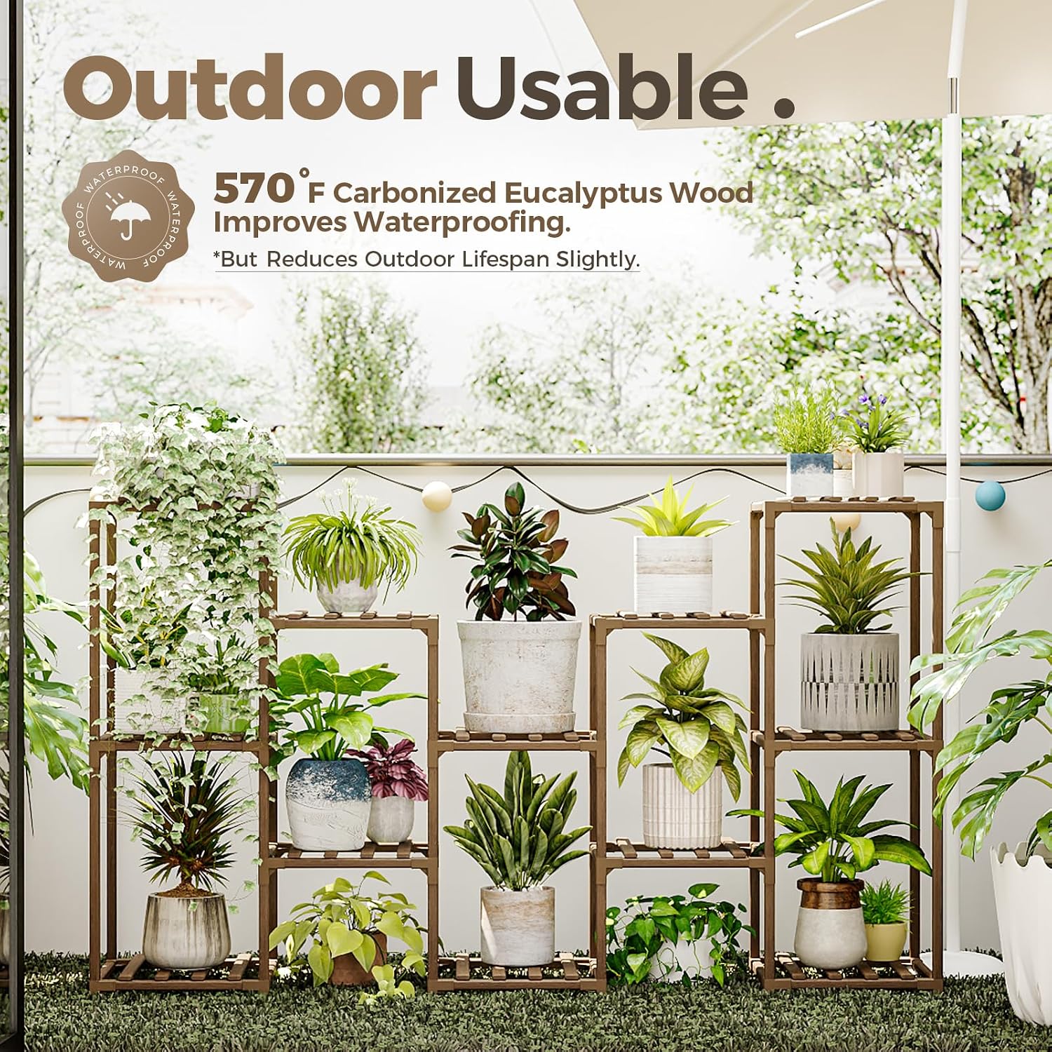 Bamworld Large Plant Shelf Outdoor Wood Plant Stand Large Rack for Living | Room Patio, Balcony and Garden