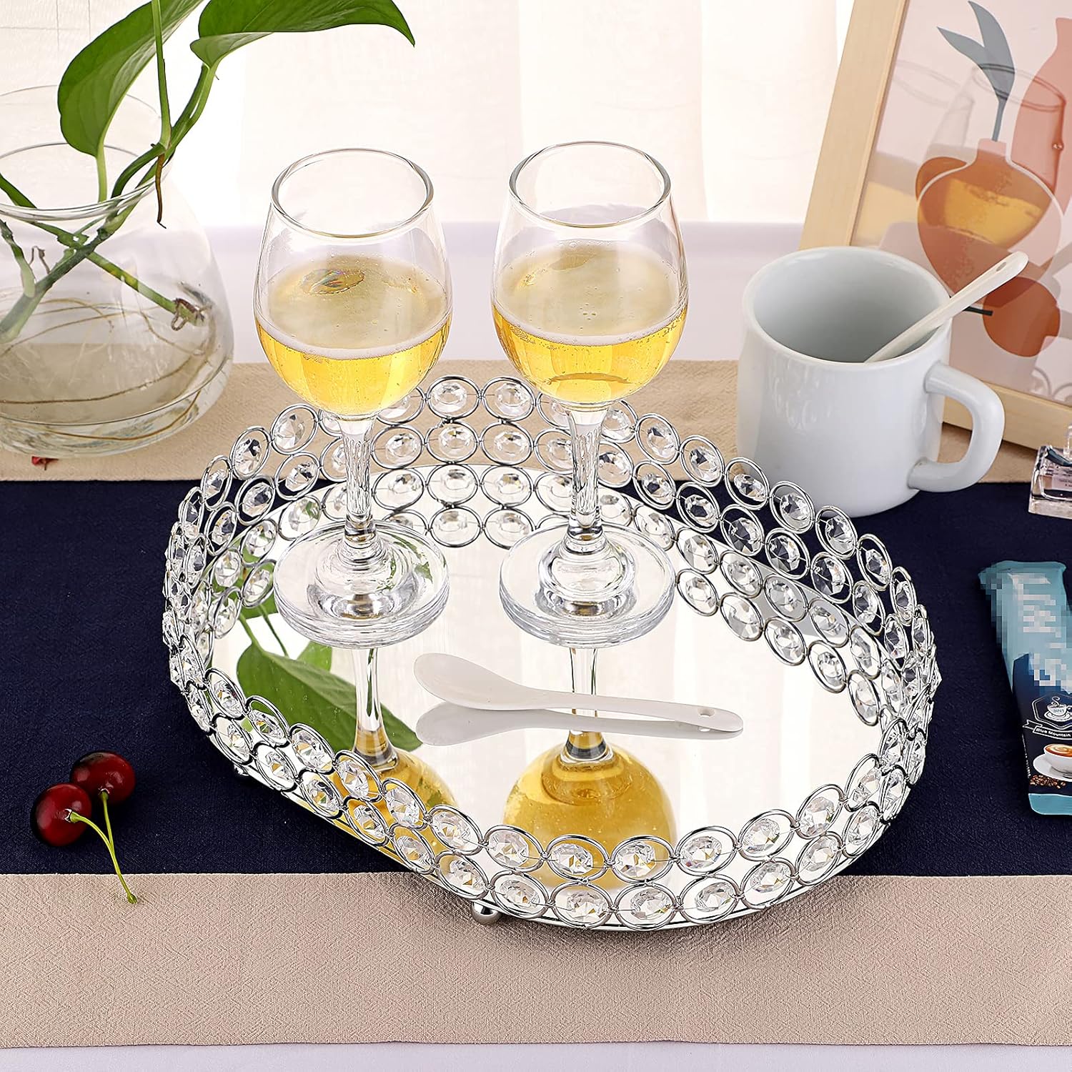Crystal Vanity Tray Mirrored Dresser Perfume Trays for Makeup Tray / 11.8 x 8.7 x 2.3 / Silver