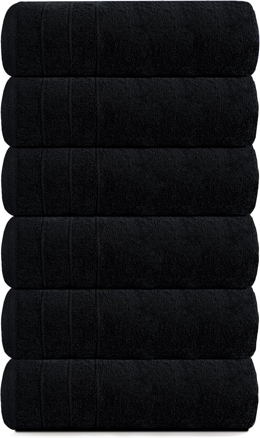 6 Piece Hand Towels Set 16 x 28 Inches, Black | 100% Cotton, Lighter Weight, Quick to Dry, 16 x 28 Inches, Super Soft &