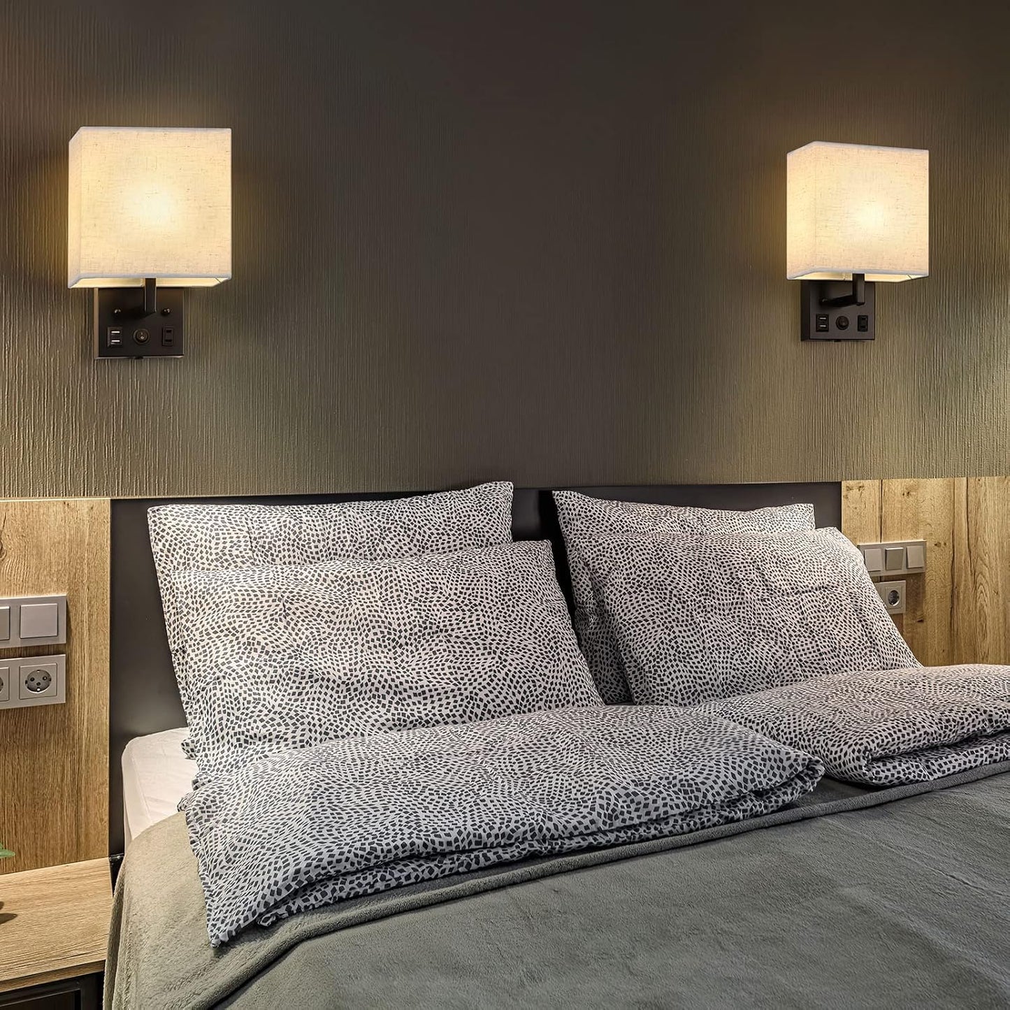 BTY Modern Wall Sconces Set of 2, Wall Lamps Bedroom Plug in with USB Charging Ports AC Socket Sconces Wall Lighting