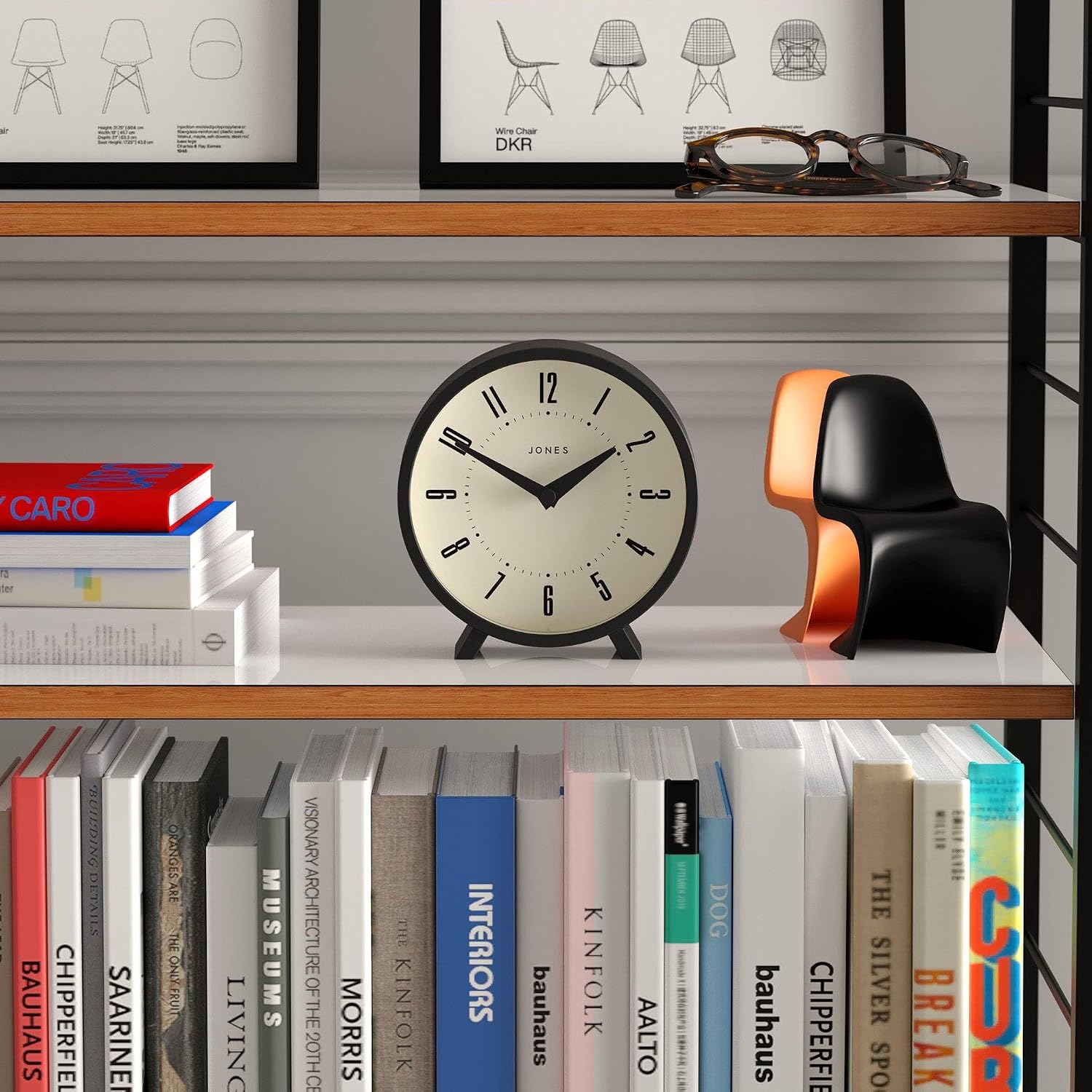JONES CLOCKS® Venus Desk Clock | Modern Round Design | Black | Stylish Retro Look for Shelf, Table, Mantel or Bedside