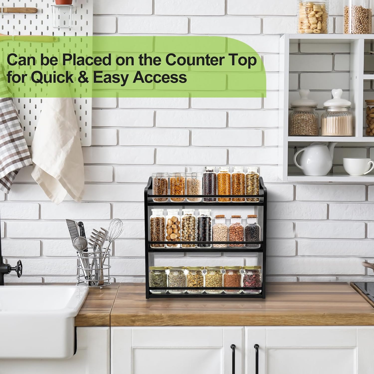 3 Tier Bamboo Spice Rack Wall Mount or Countertop,Spice Organizer | Seasoning Jars Rack Spice Shelf Organizer for