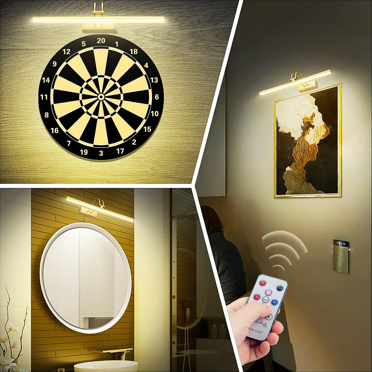 Picture Light,5000mAh Wireless Wall Light,13" Art Light,Plated Gold | Rechargeable Photo Lights,Remote Timer and Dimmer