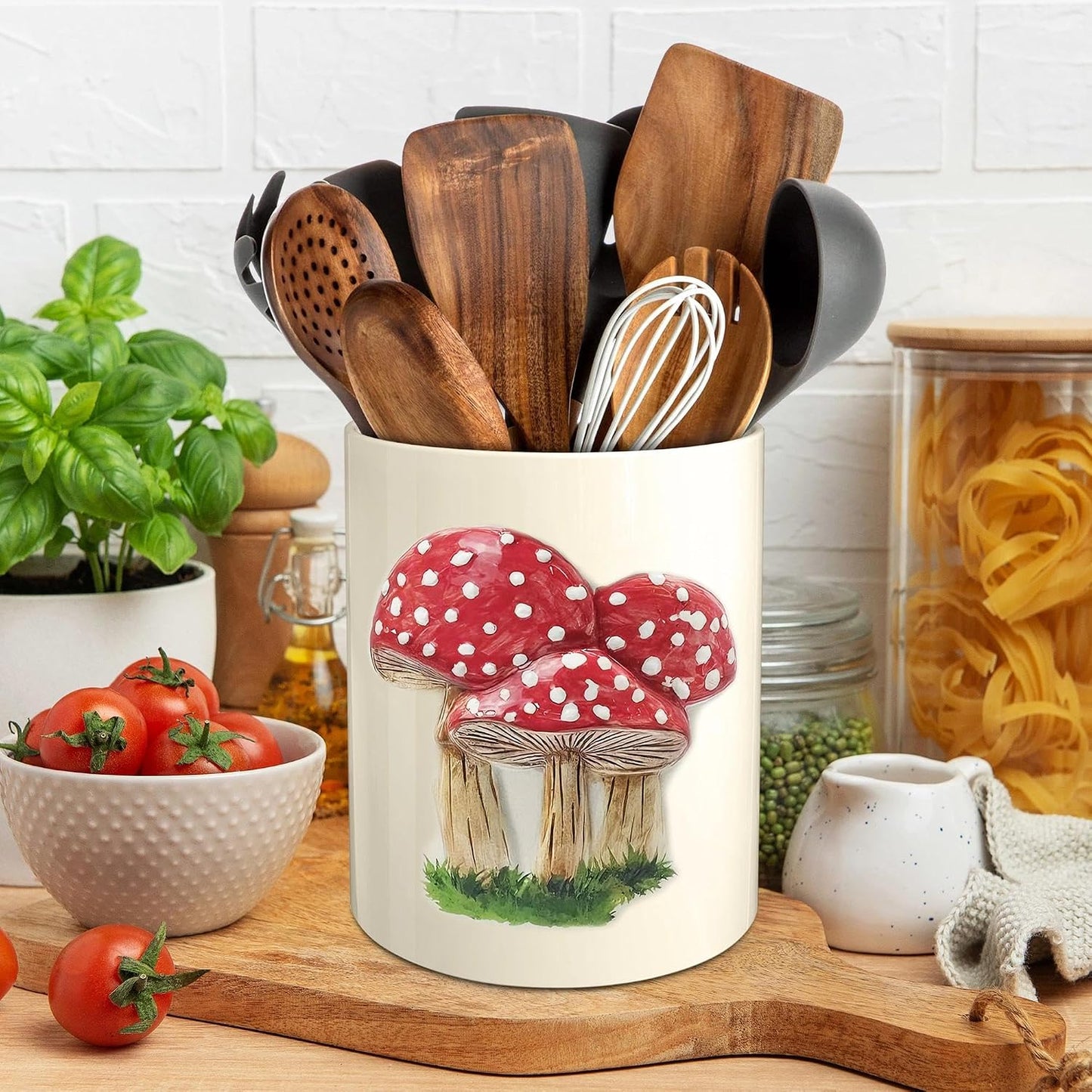 Mushroom Kitchen Decor Embossed Ceramic Utensil Holder for Farmhouse Indoor