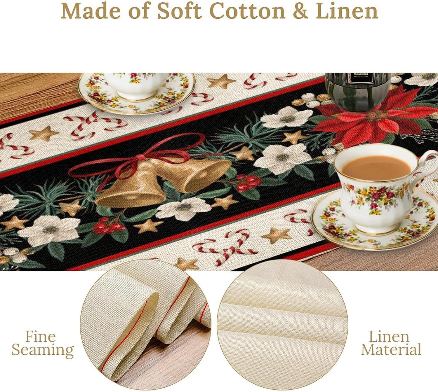 Christmas Linen Table Runner, Red and Black Buffalo Plaid Winter Xmas Holiday Farmhouse Style Patterns Printed Linen