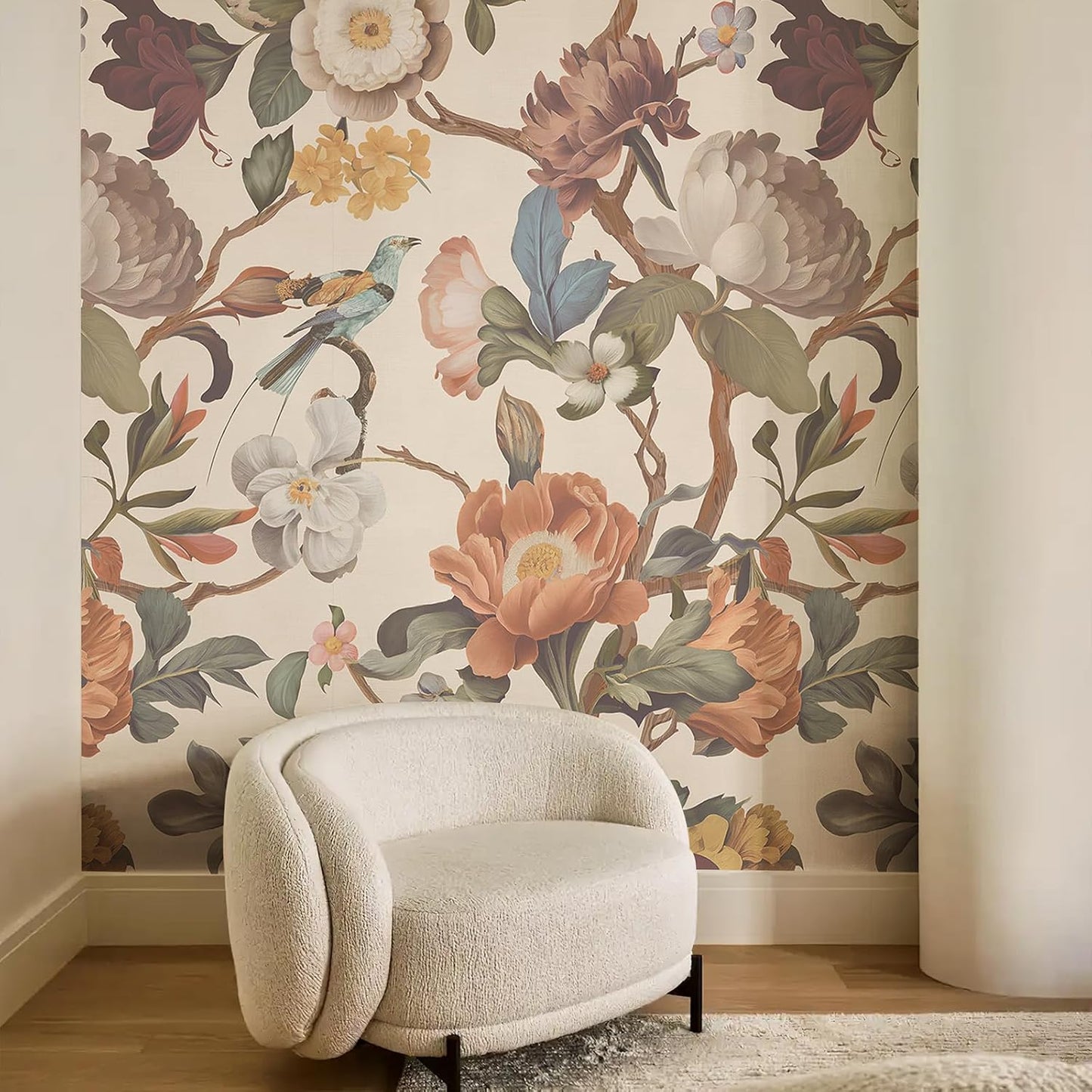 Vintage Floral Wallpaper Peel and Stick Large Flower Wall Murals / Beige / 59 x 98
