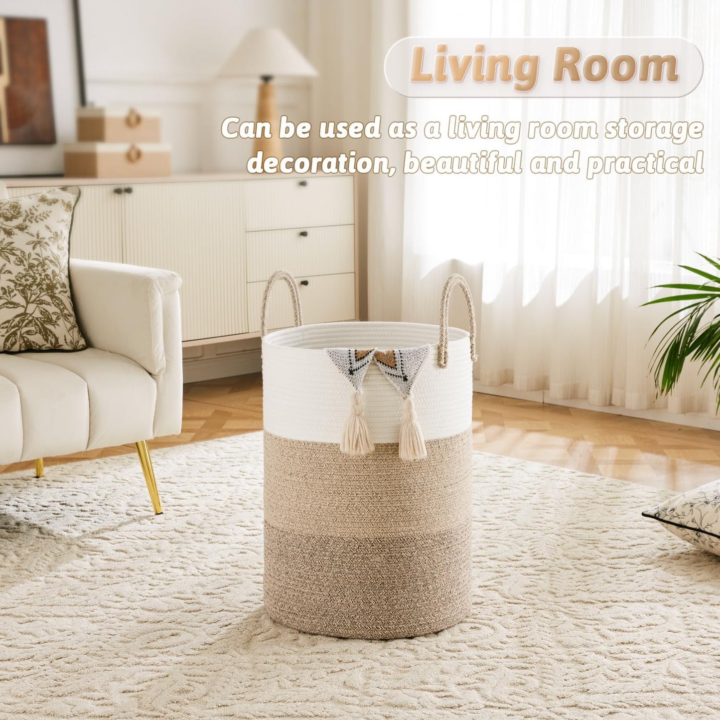 Laundry Basket / Woven Cotton Rope Laundry Hamper / Brown & White / 40L