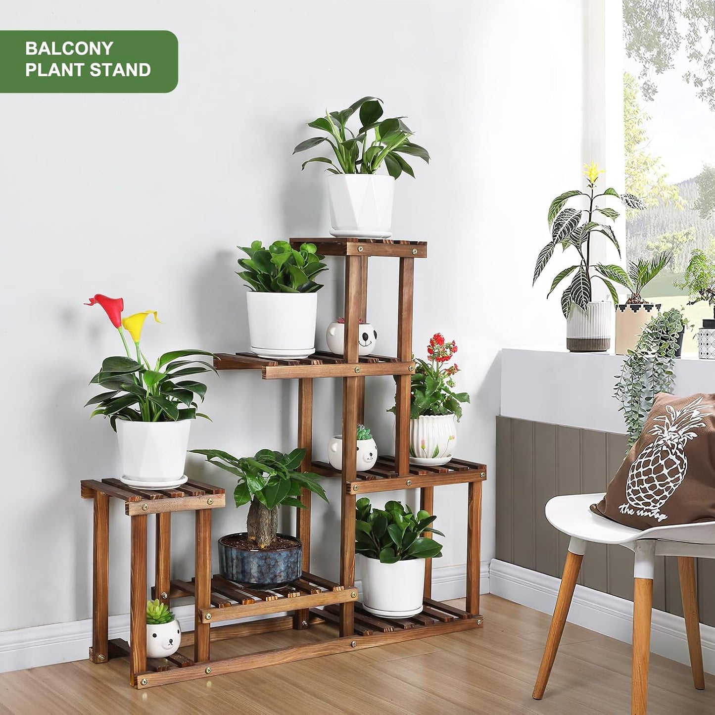 Wood Plant Stand Indoor Outdoor Multi Tiered Plant Shelf Holder | Corner High Low Flower Rack Stand for Multiple Plants