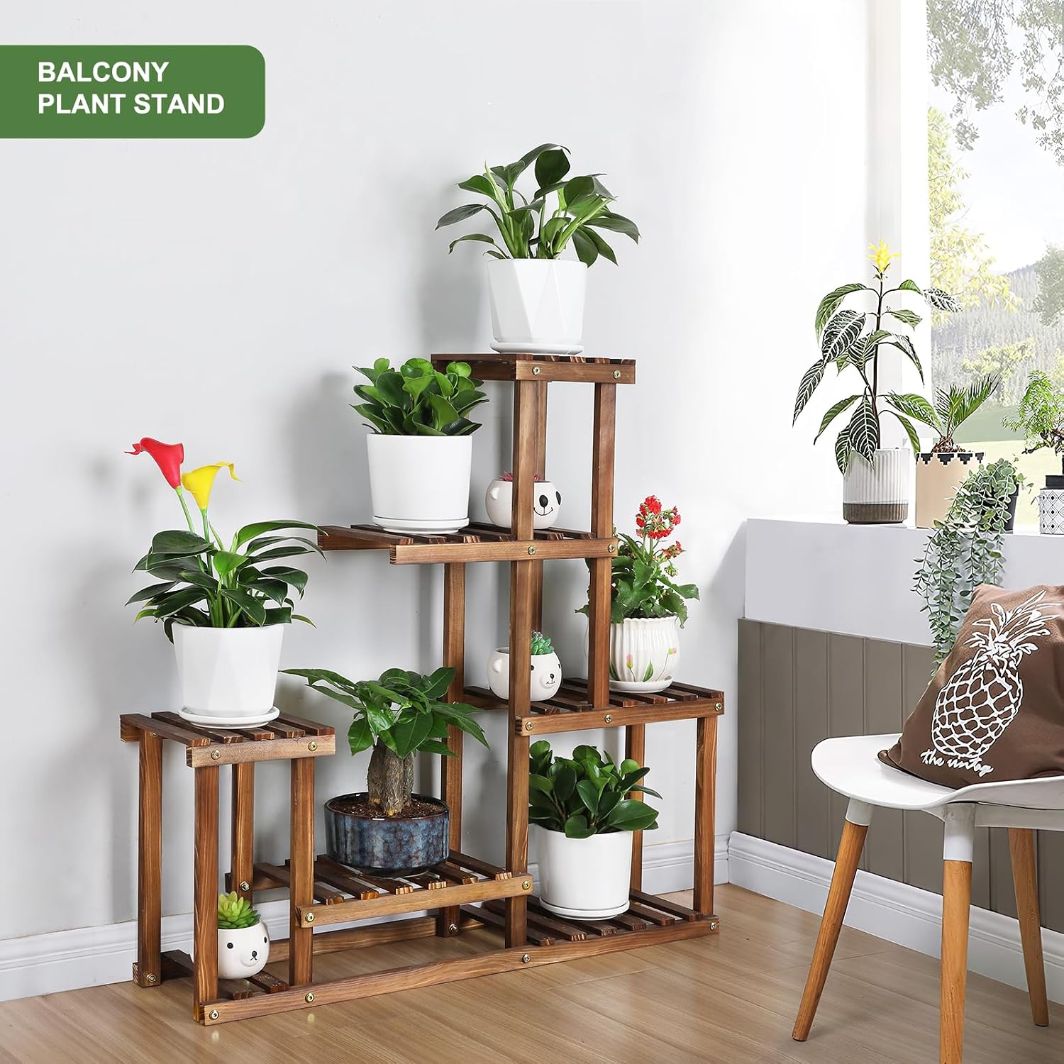 Wood Plant Stand Indoor Outdoor Multi Tiered Plant Shelf Holder | Corner High Low Flower Rack Stand for Multiple Plants