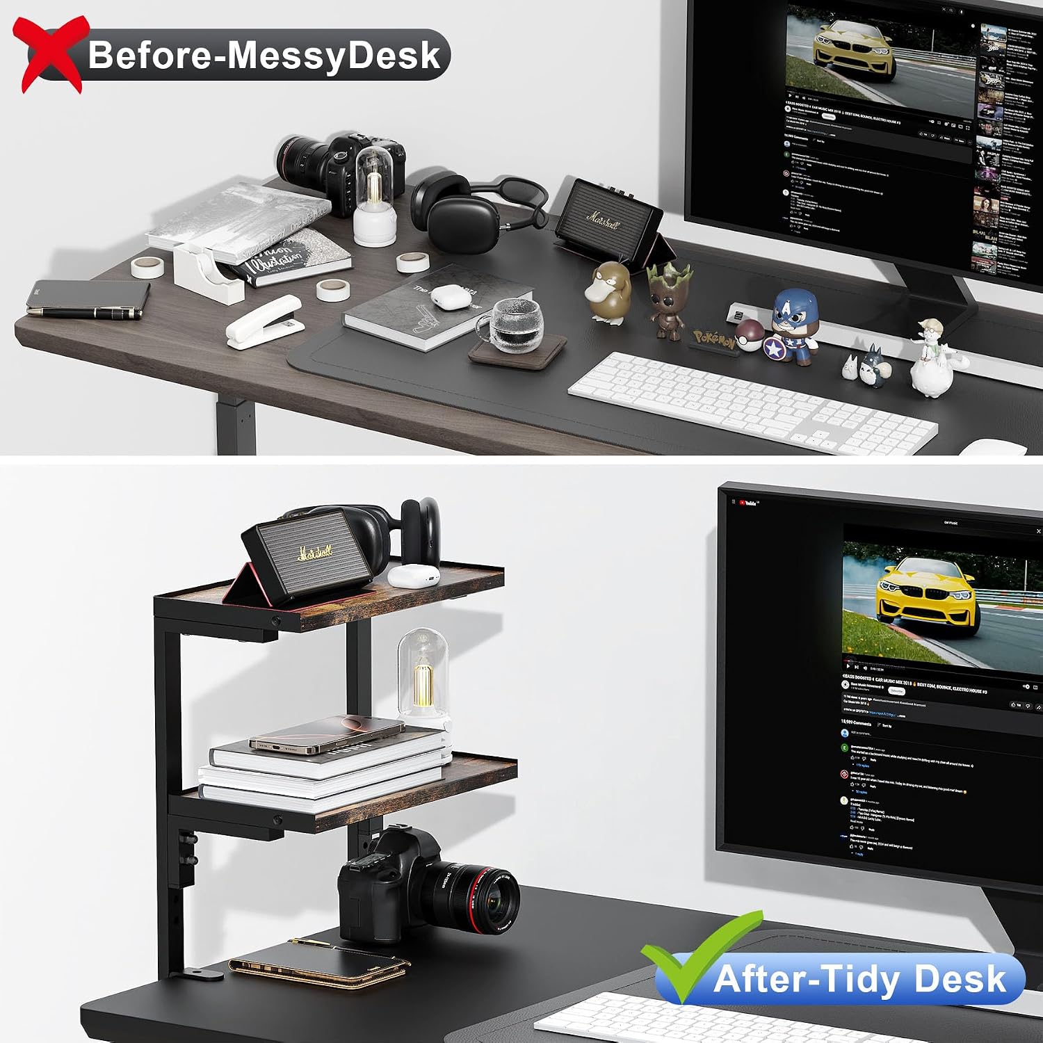 Spacrea Clamp on Desk Shelf, 2 Tier Office Desk Shelves Organizer, Wood Desktop Supplies Storage Rack, Desk Organizers