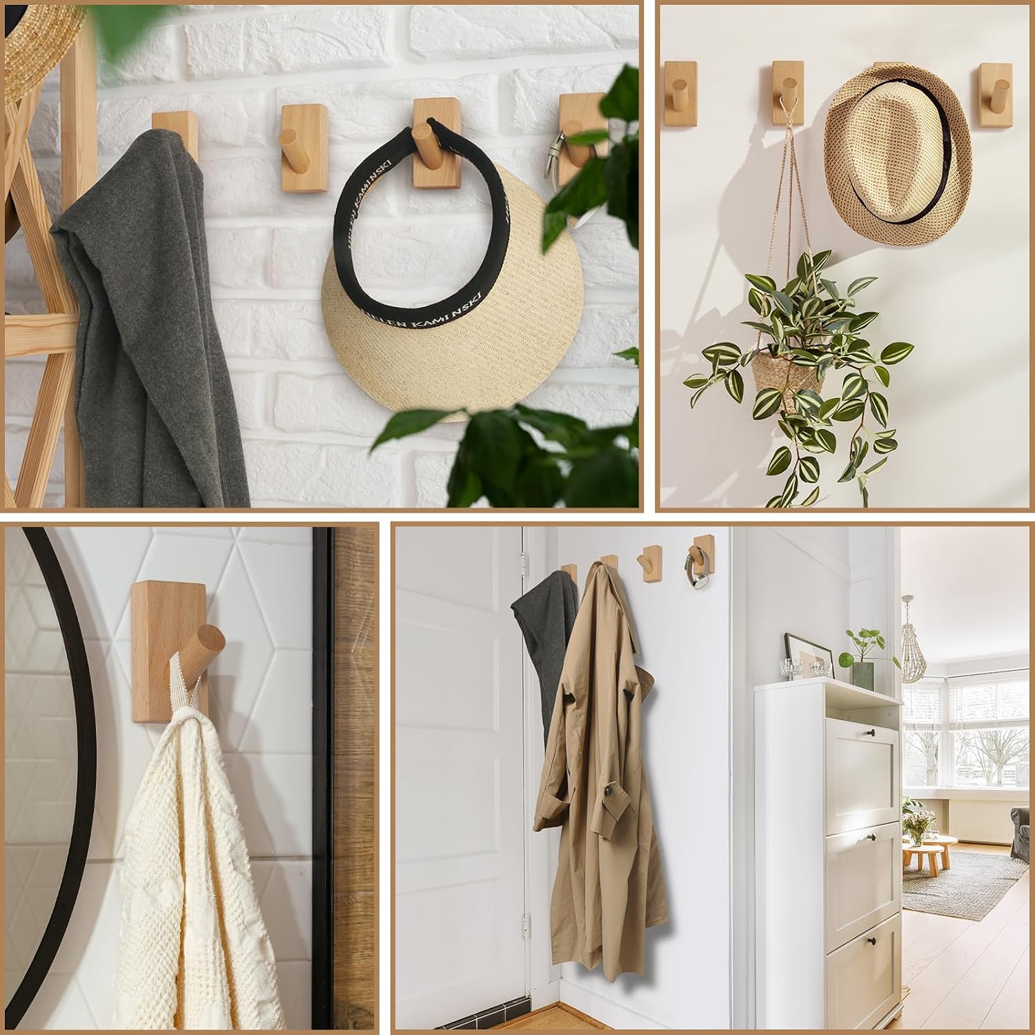 Wood Hooks Wall Wooden Space Saving No Damage Adhesive for Entryway Bedroom / Natural / Set of 4