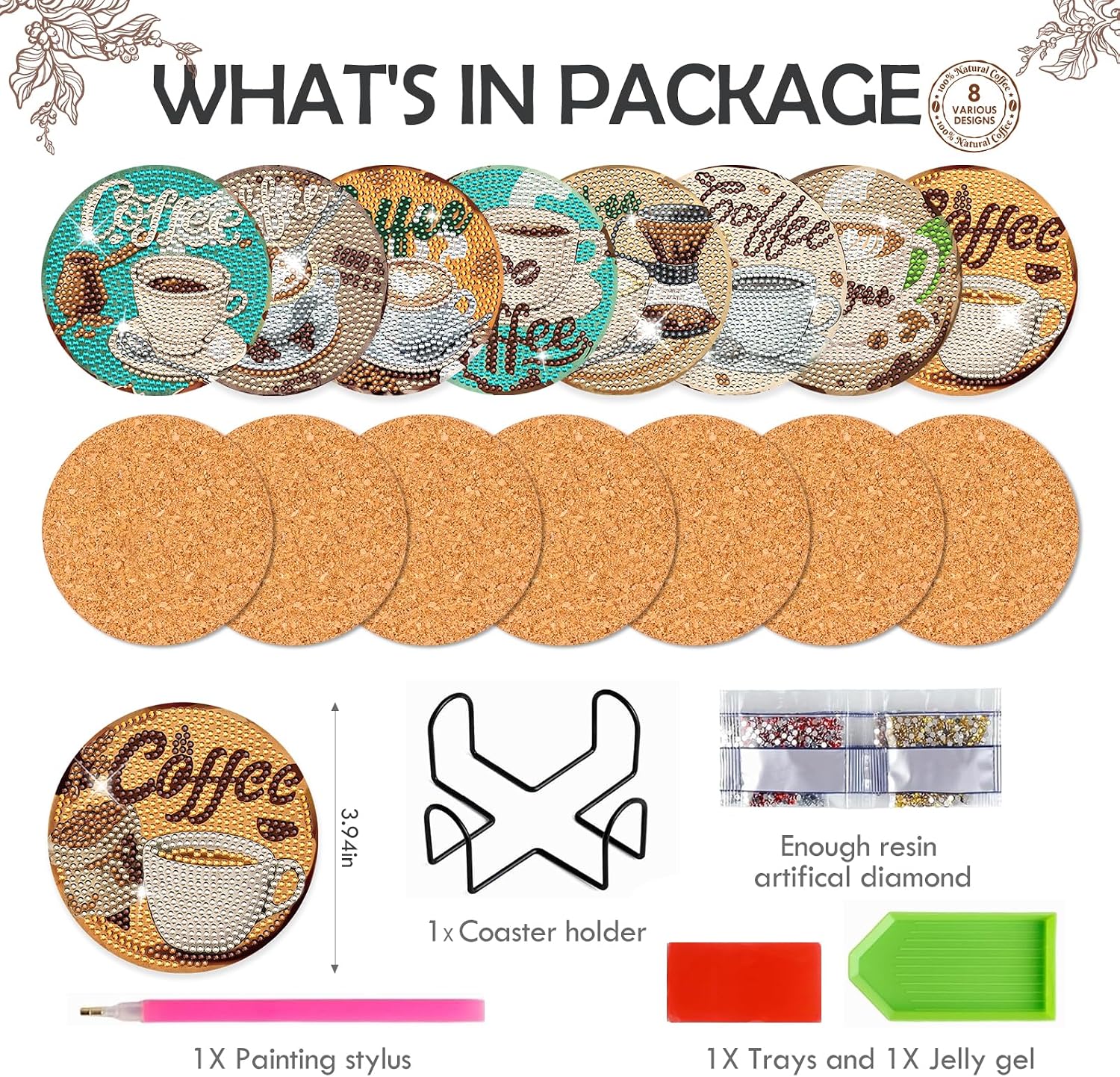 DIY Vintage Diamond Art Coaster Cup Themed Art Craft Kit / Coffee / Set of 8
