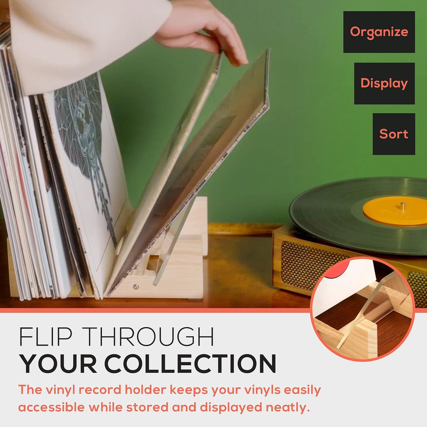 Vinyl Record Storage Holder - Stacks up to 30 Albums, 7 or 12 inch - Solid Wood Stand with Clear Acrylic Ends - Display