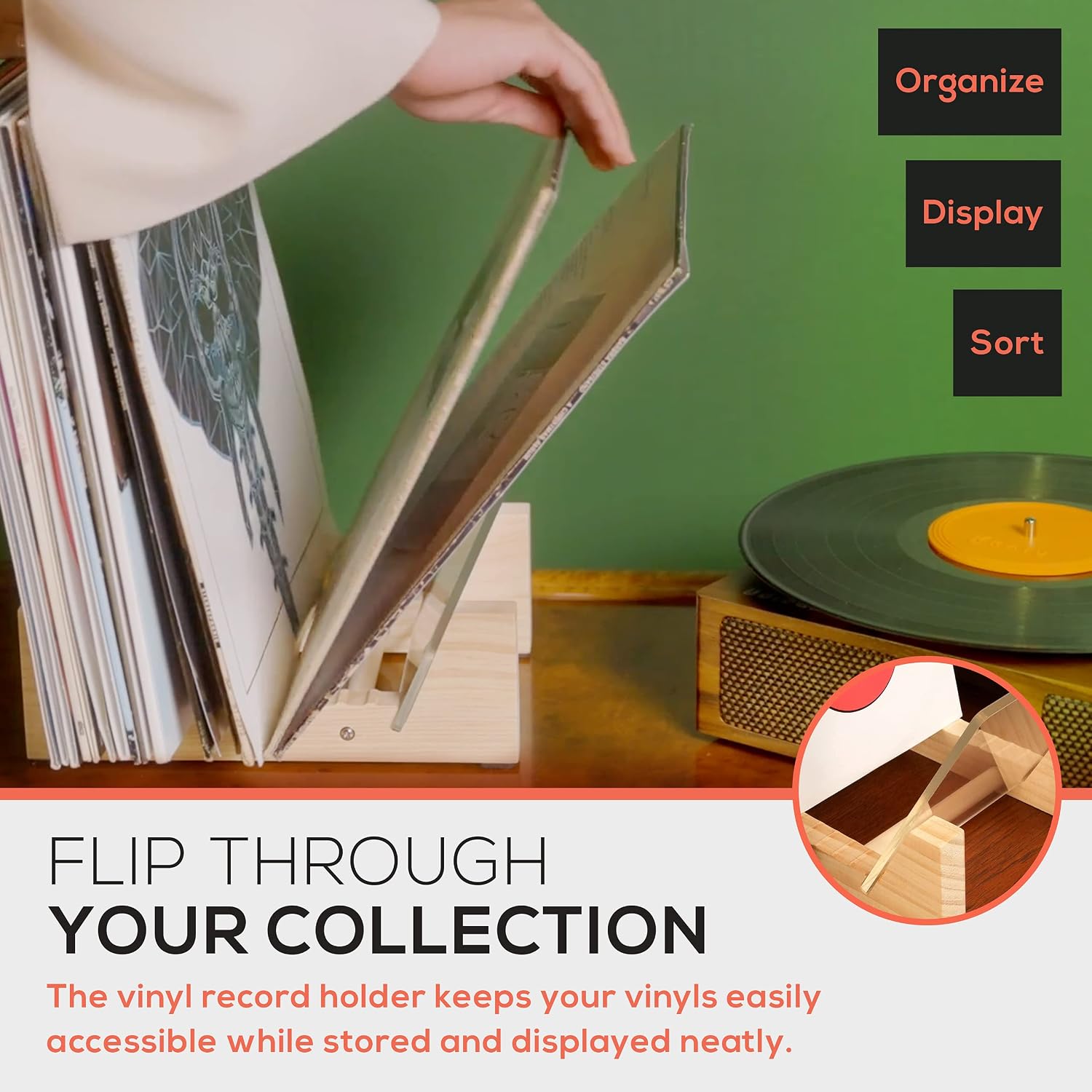 Vinyl Record Storage Holder - Stacks up to 30 Albums, 7 or 12 inch - Solid Wood Stand with Clear Acrylic Ends - Display