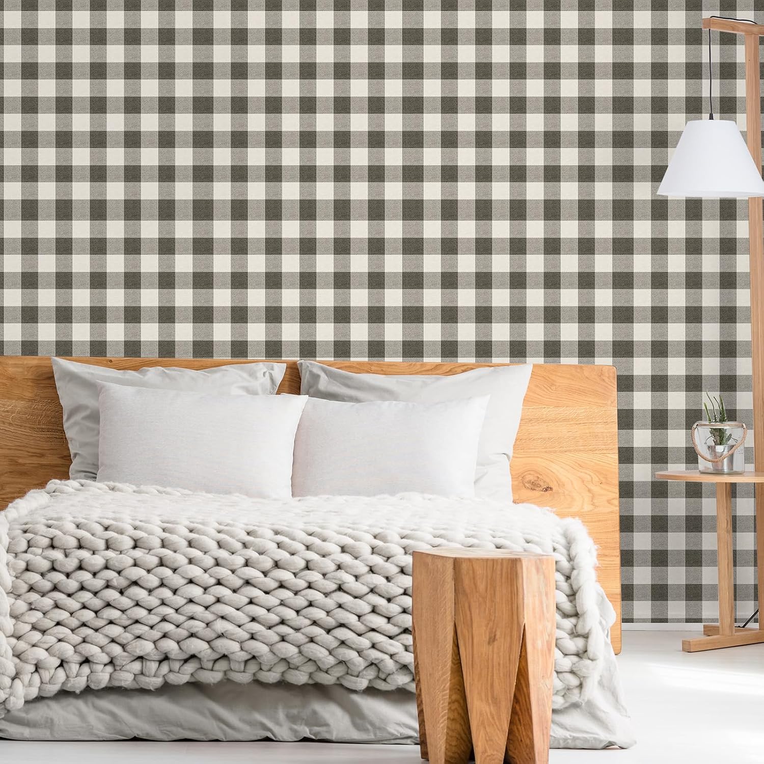 Plaid Textured Peel Stick Wallpaper " Boho Checkered Gingham Contact Waterproof / Black / 15.8 x 118