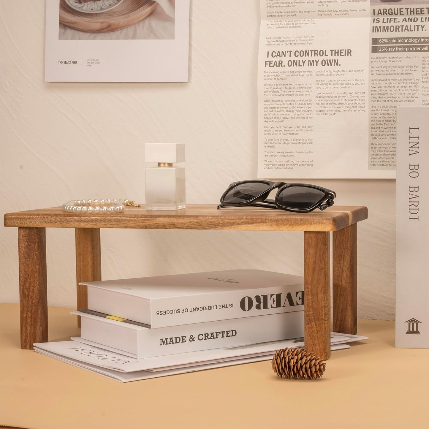 Acacia Wooden Desktop Organizer Shelf Kitchen Cabinet and Counter Riser Display Shelf for Top