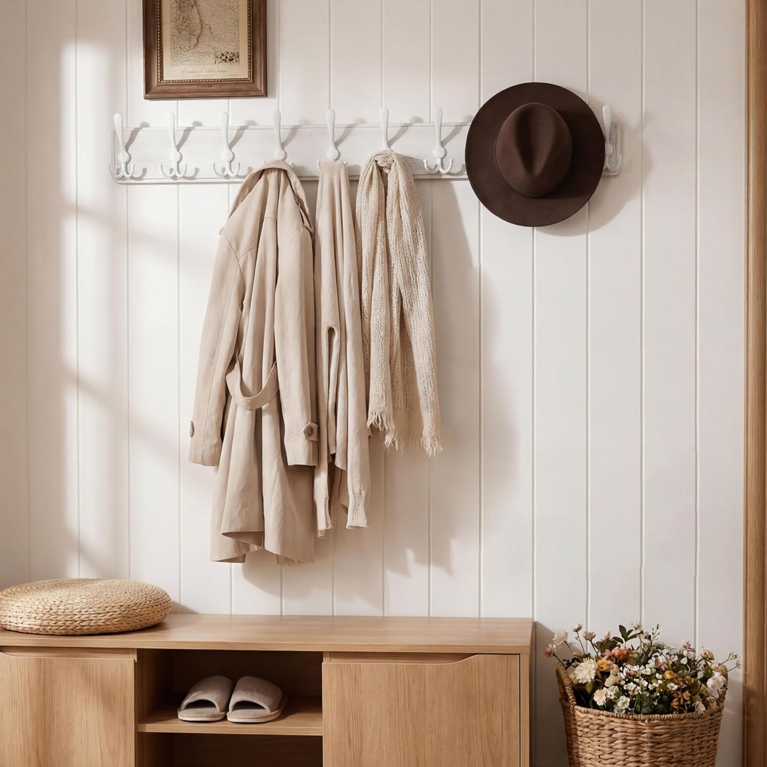 WEBI Coat Rack Wall Mount White,38 9/16" Long Coat Hooks Wall Mounted,Large Wall Coat Hanger,10 Tri Hooks for Hanging