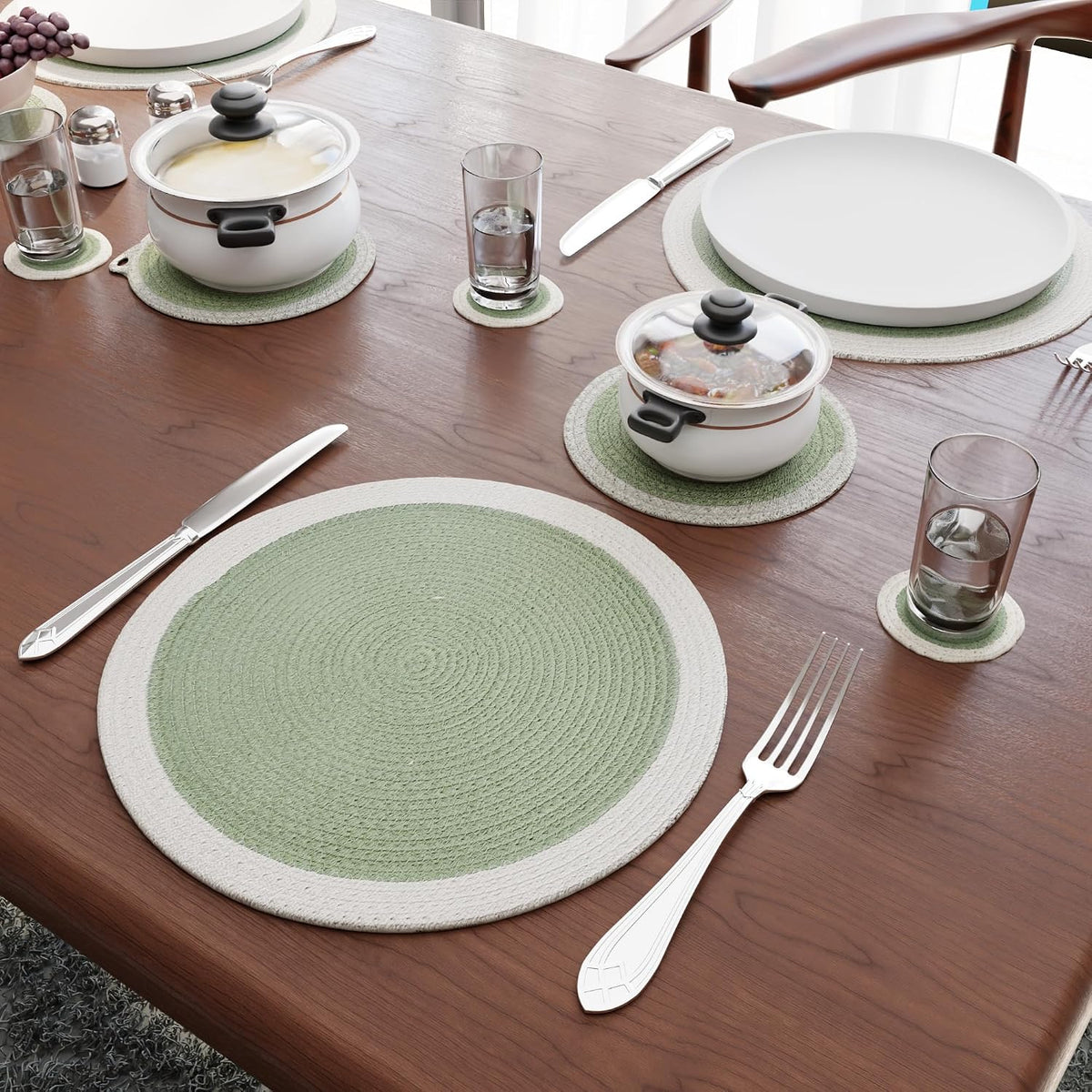 Encasa XO Cotton Placemats, Coasters & Trivets 13" | Sage, Heat Resistant | Protective Table Pad | Handcrafted Ribbed