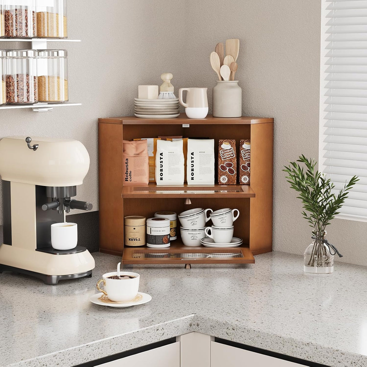 Trironsun Corner Bamboo Bread Box for Kitchen Counter Double Layer Bread Storage Container Large Capacity Bread Storage