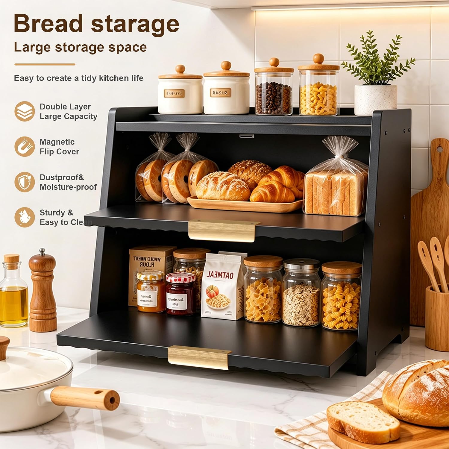 Large Bread Box for Kitchen Counter, Double Layer Wooden Bread Storage Container with Top Shelf, Countertop Organizer