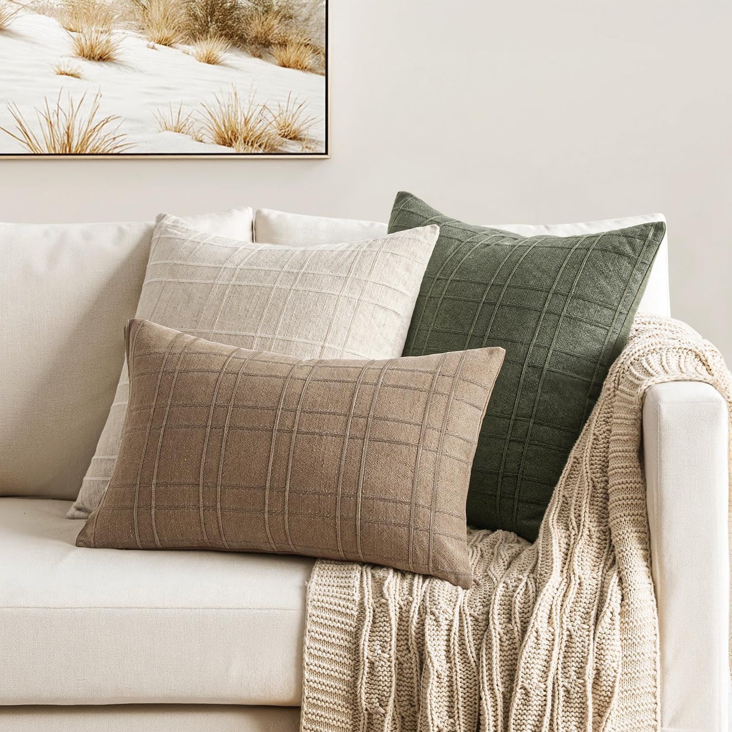 Decorative Linen Check Throw Pillow Covers Neutral Farmhouse / 18 x 18 / Light Brown / Set of 2