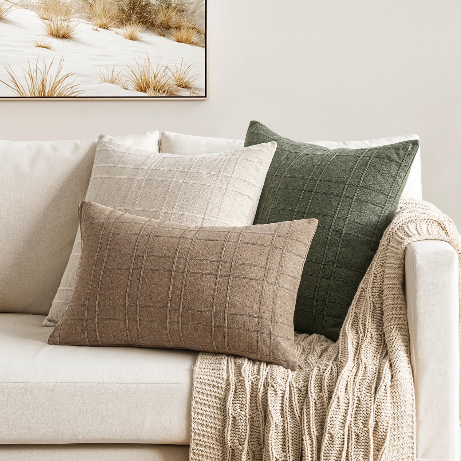Decorative Linen Check Throw Pillow Covers Neutral Farmhouse / 18 x 18 / Light Brown / Set of 2