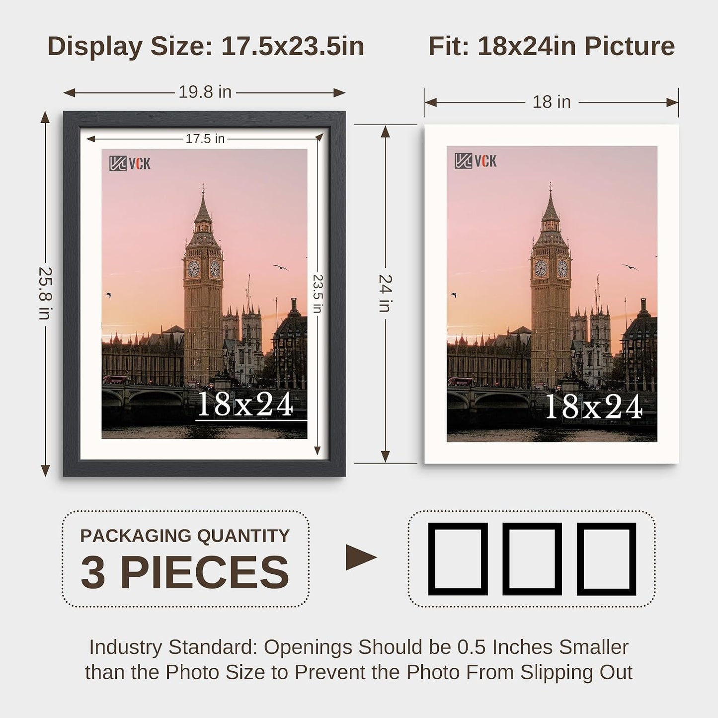 VCK 18x24 Frame 3 Pack - Black Solid Wood 18 x 24 Concert Poster Frames with Wall Mounting Hanging