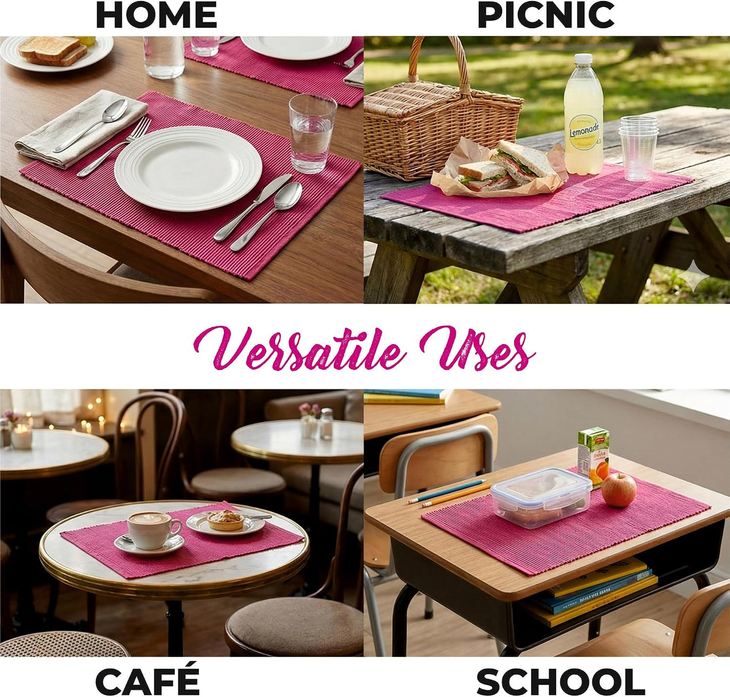 100% Cotton Ribbed Placemats - Set of 6-13 x 19 Inches - Fuchsia/Bright Pink - Everyday Basic Fabric Table Mats - Thick