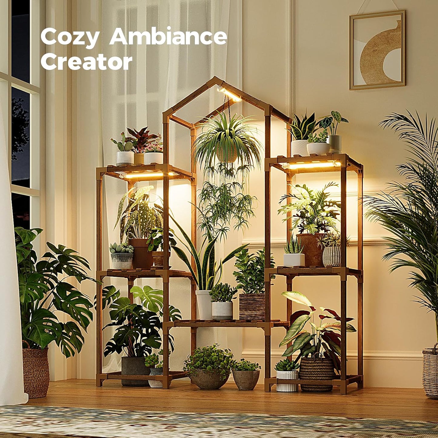 Bamworld Plant Stand Indoor with Grow Lights Wood Plant Shelf for Hanging Planter Pots Display Flower Stand for Living