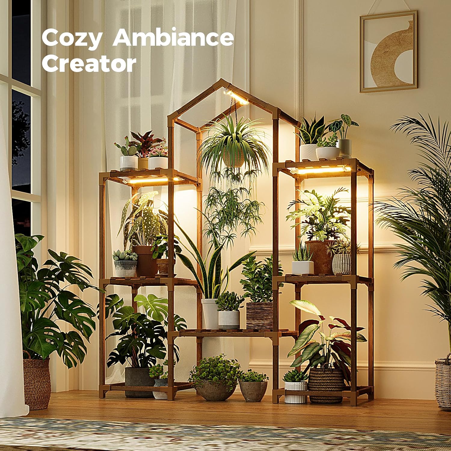 Bamworld Plant Stand Indoor with Grow Lights Wood Plant Shelf for Hanging Planter Pots Display Flower Stand for Living
